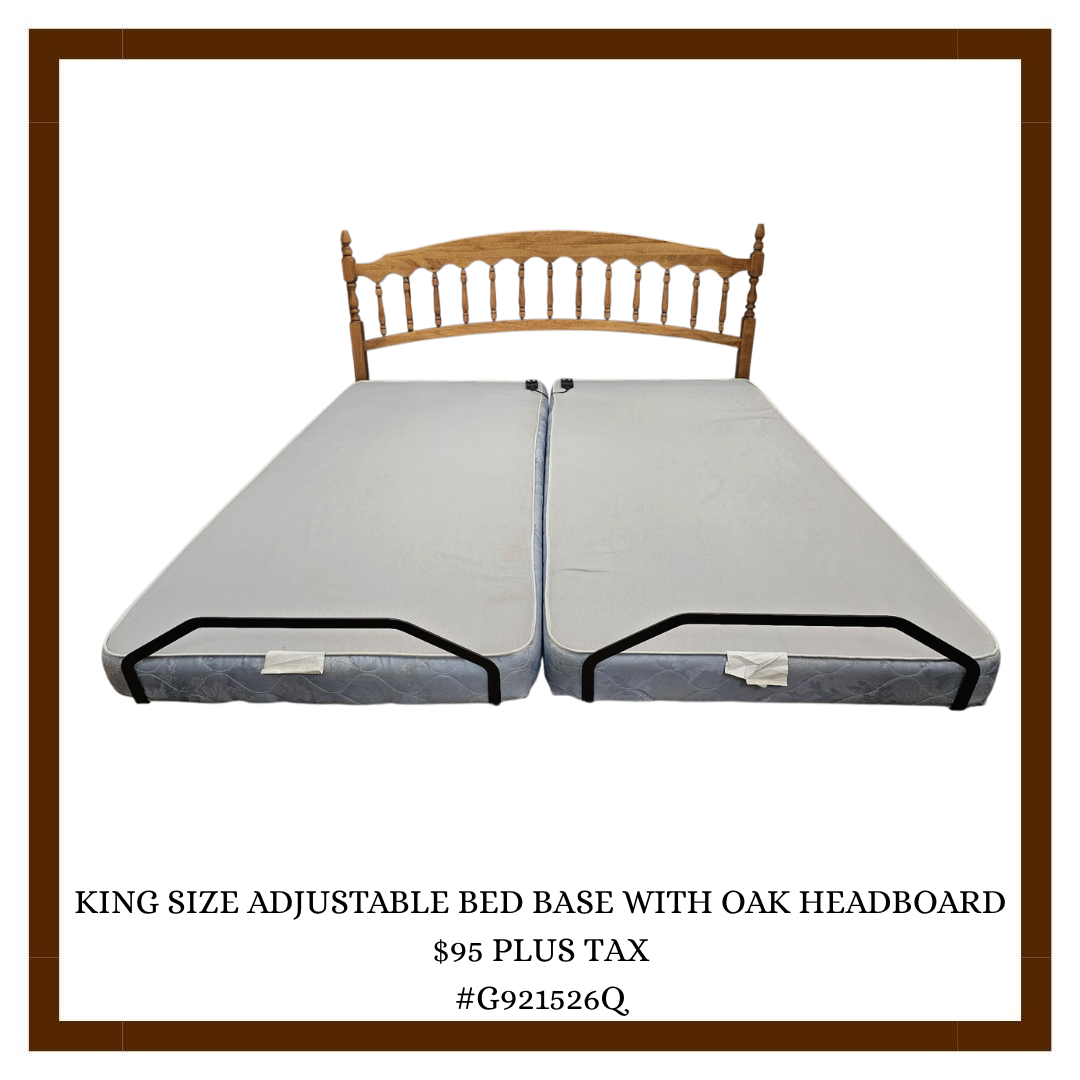 King size adjustable bed base with oak headboard, with two mattresses separated in the middle, placed in a room with a brown border and white background, with a price of $95 plus tax.