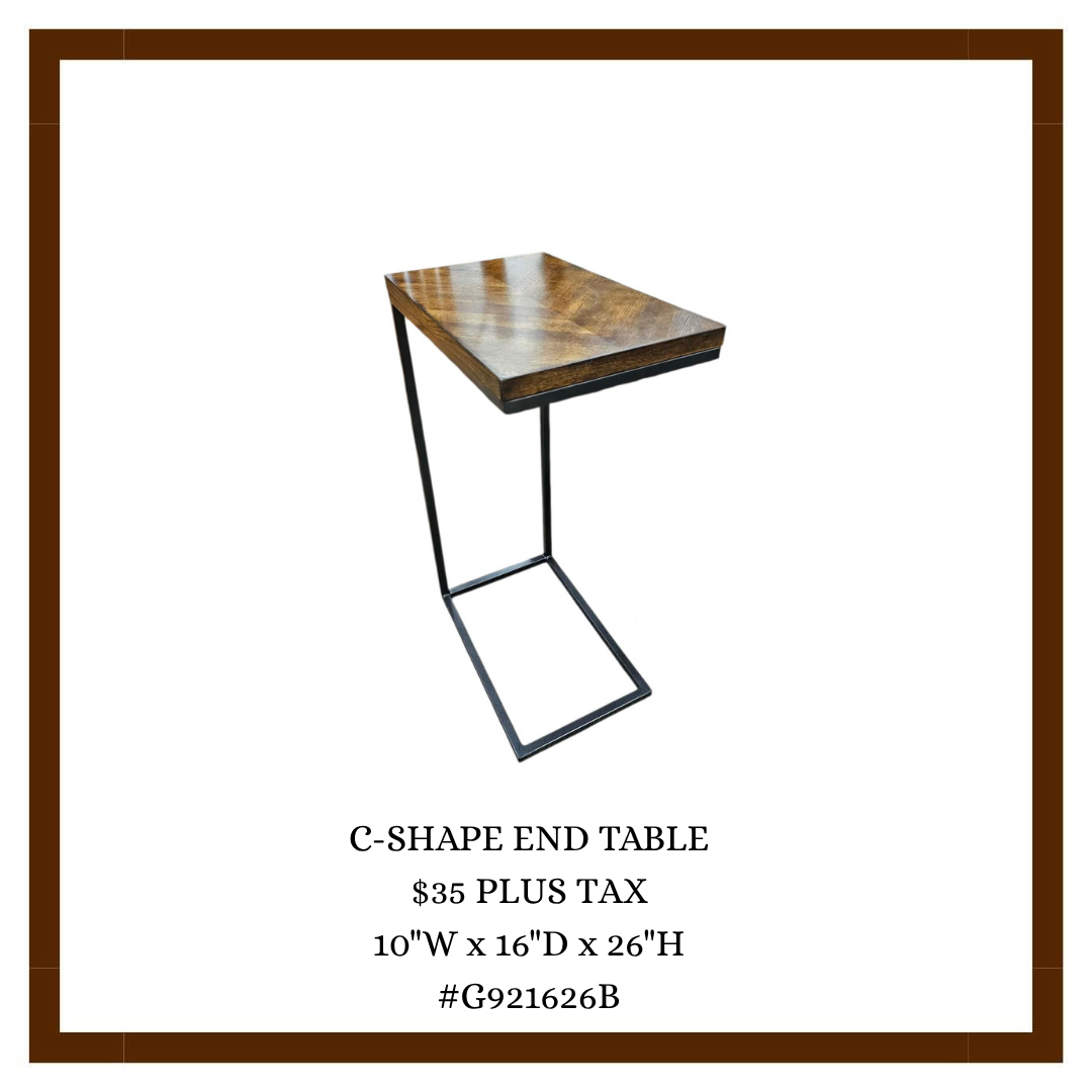 A C-shaped end table with a wooden top and black metal frame.