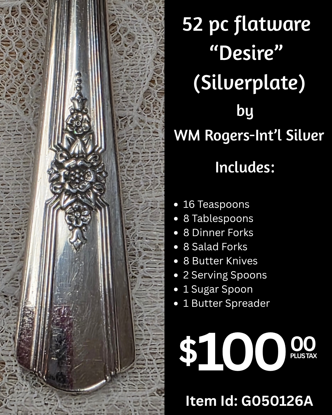 Silverware set including teaspoons, tablespoons, dinner forks, salad forks, butter knives, serving spoons, sugar spoon, and butter spreader on a lace tablecloth.