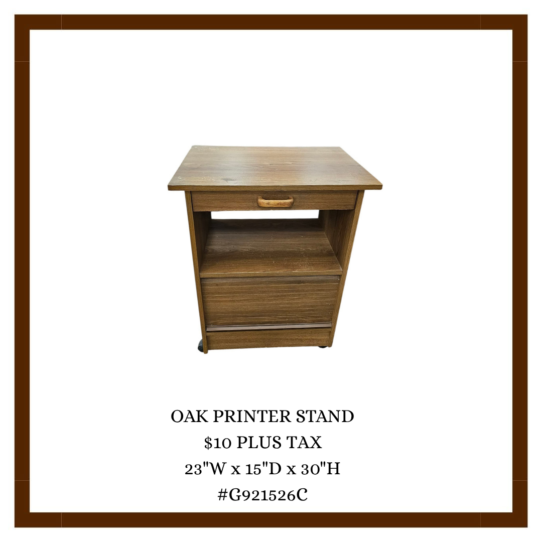 Wooden oak printer stand with a drawer and shelves, on wheels, with product details and price info below.