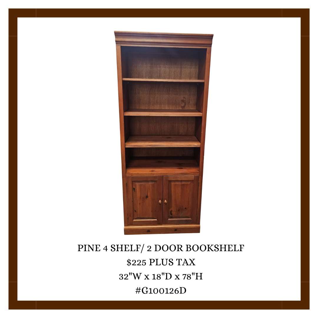 A wooden pine bookshelf with four open shelves and a two-door cabinet at the bottom, listed for sale with specifications and price.
