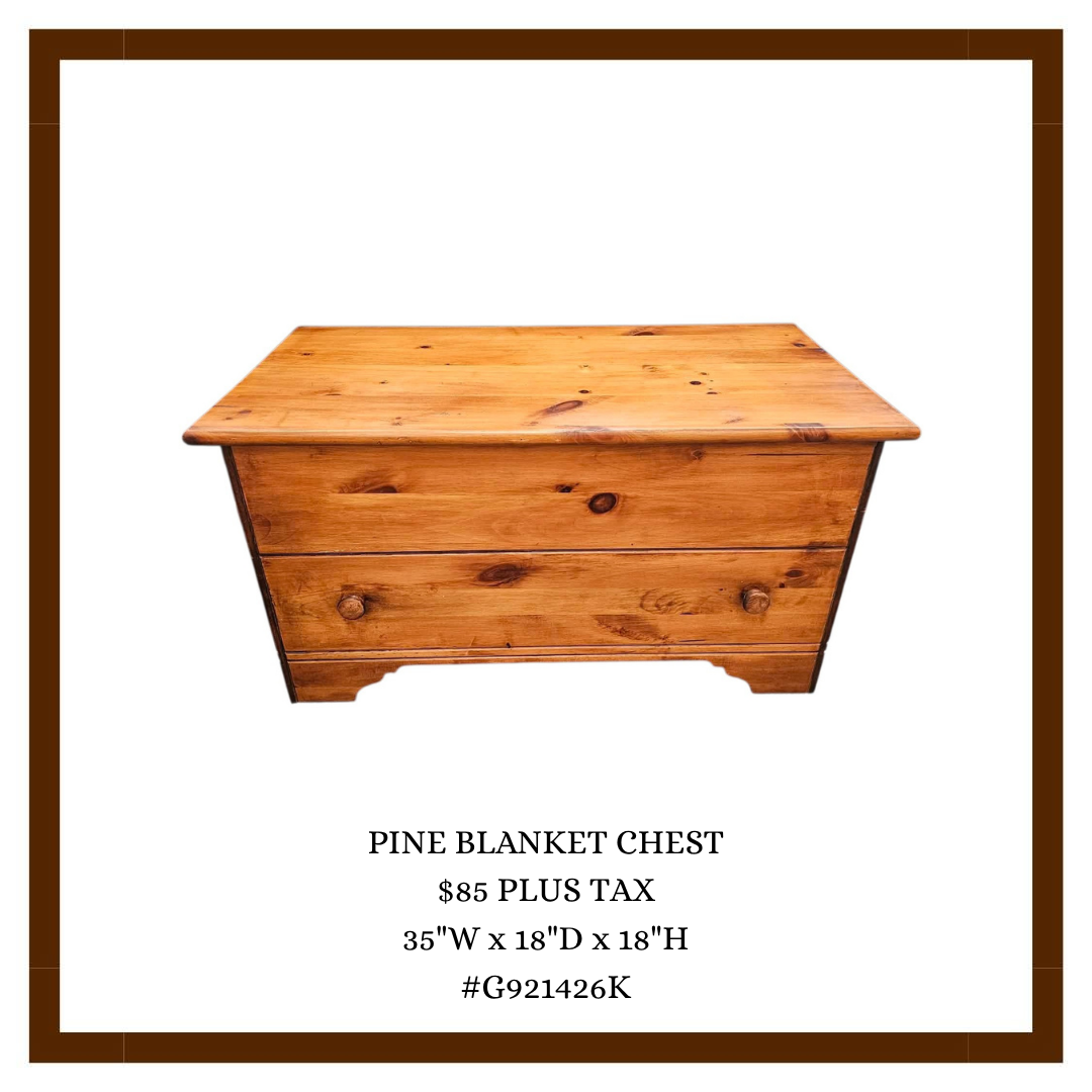 Wooden pine blanket chest with two drawers, 35 inches wide, 18 inches deep, 18 inches high, priced at $85 plus tax.