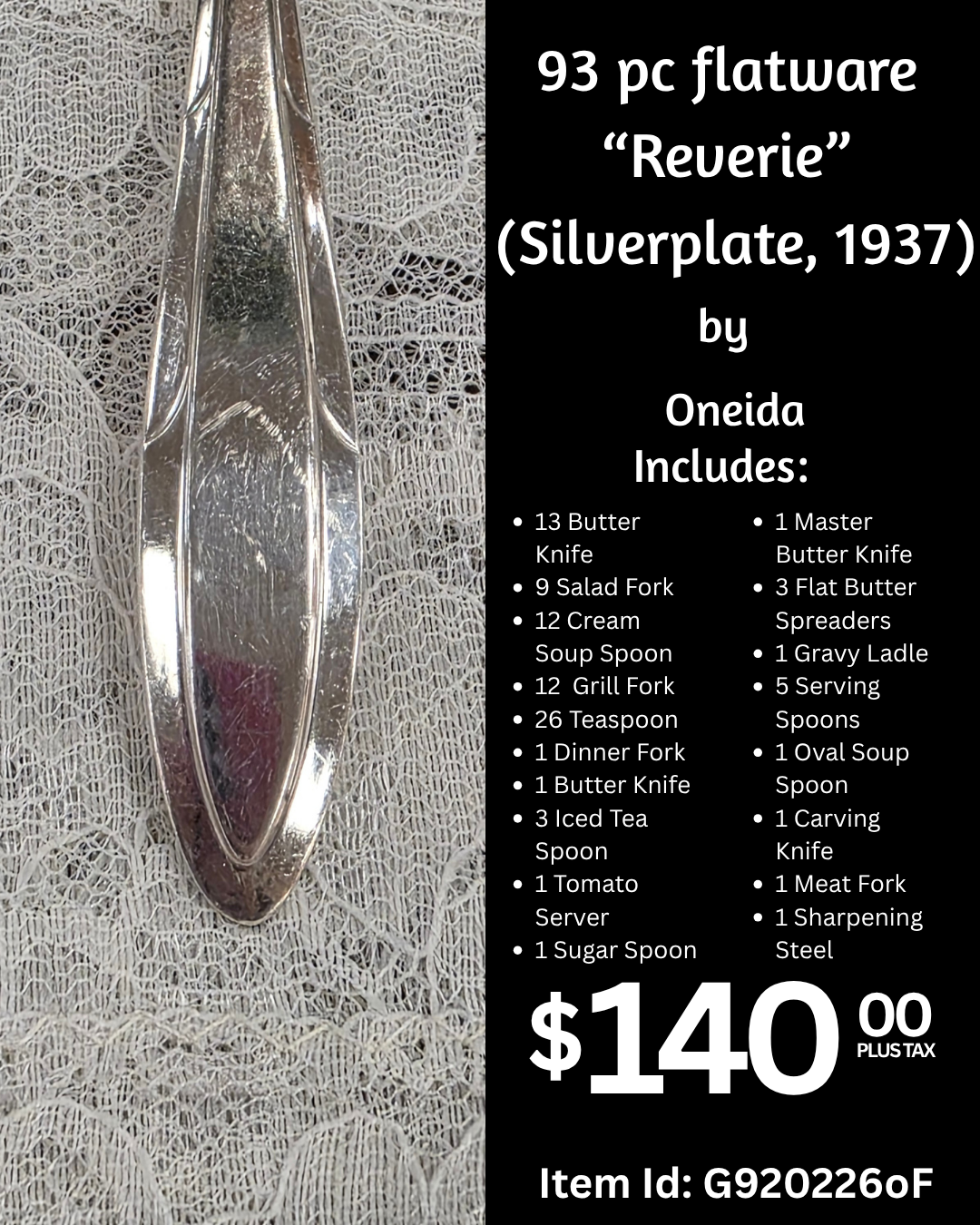 Photograph of a silverflatware set called 'Reverie' from 1937, featuring a butter knife prominently displayed on a lace tablecloth.