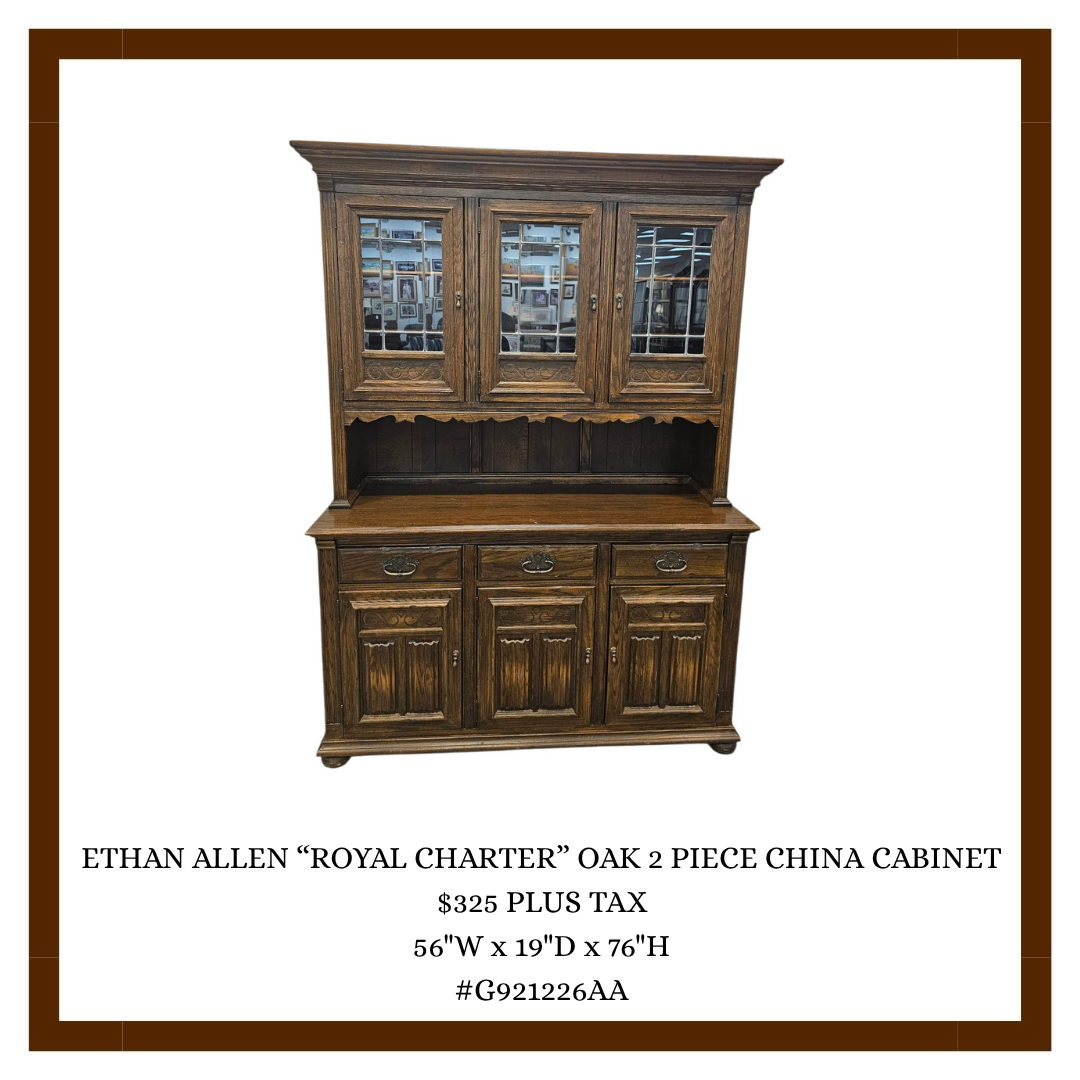 Ethan Allen Royal Charter oak two-piece china cabinet with glass doors on top and cabinet doors on bottom, priced at $325 plus tax.