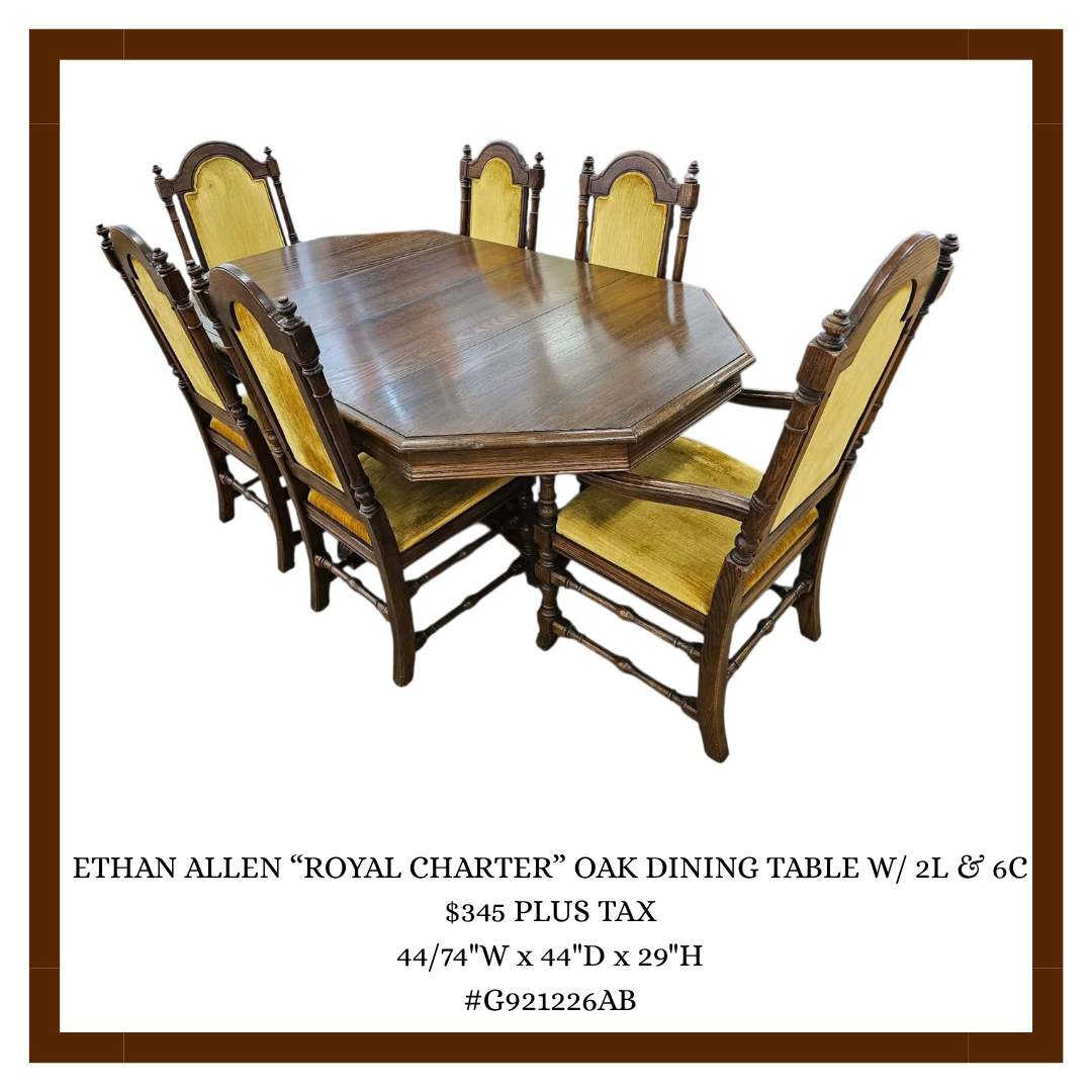 Image of a wooden dining table with six matching chairs with yellow upholstery, titled 'Ethan Allen Royal Charter Oak Dining Table.'