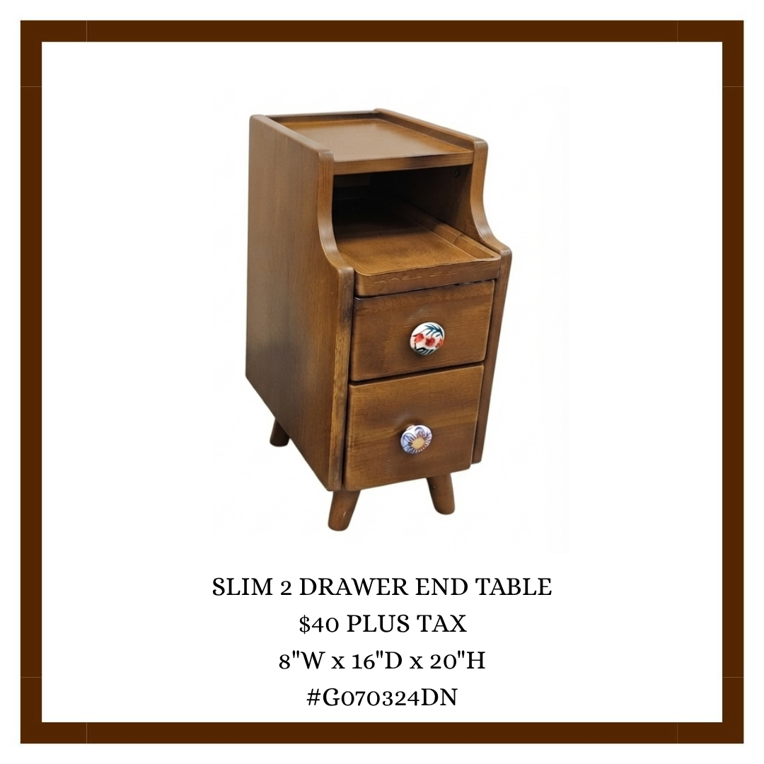 A wooden end table with two drawers, decorative knobs, and a small open shelf on top.