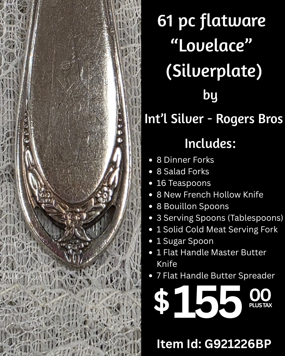 Advertisement for a silver flatware set called 'Loulace' by Int'l Silver - Rogers Bros, including forks, spoons, knives, and serving utensils, priced at $155 plus tax.