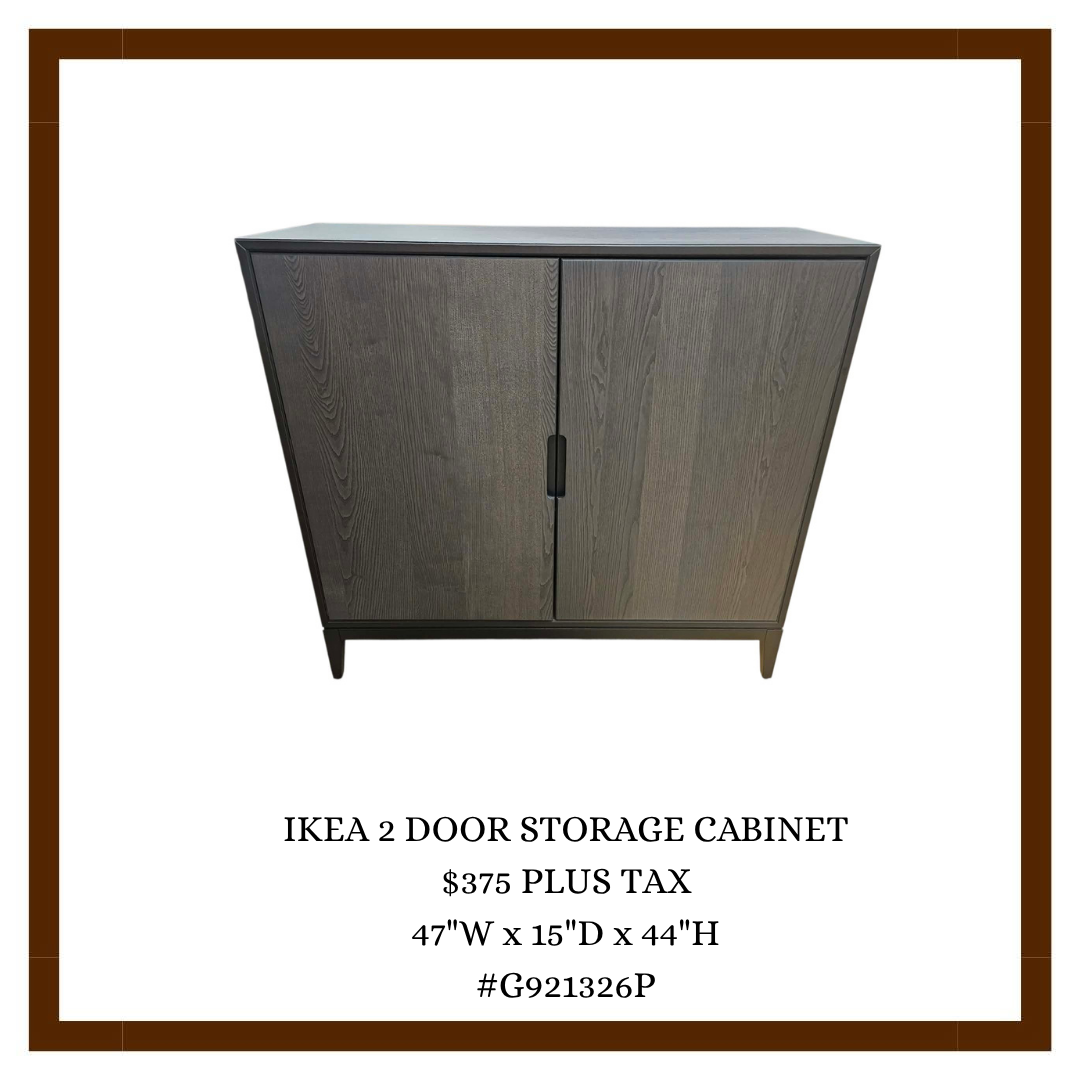 IKEA 2 door storage cabinet with gray wood finish, shown against a white background, with product details below.