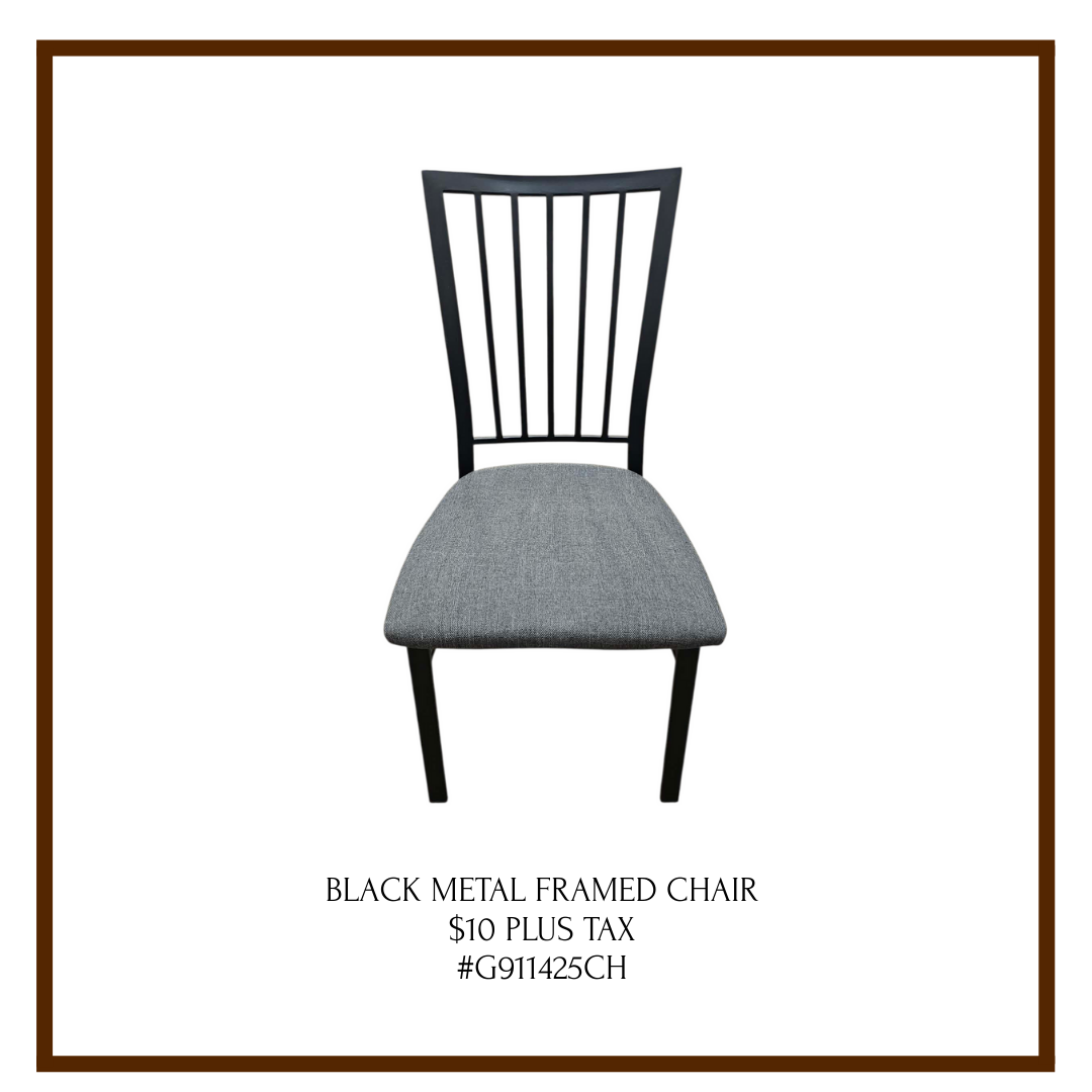 A black metal framed chair with a gray upholstered seat on a white background.