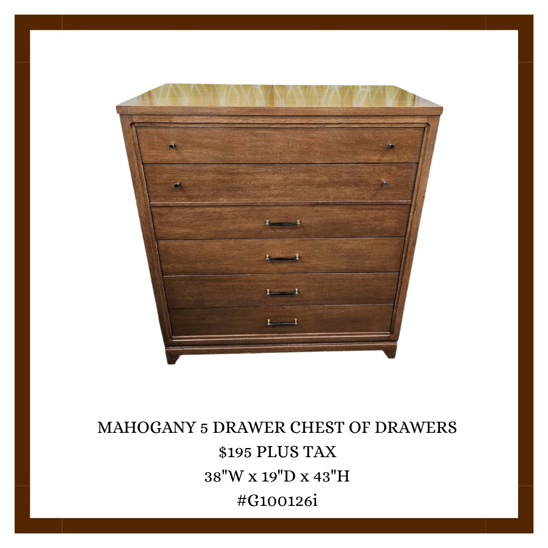 A wooden mahogany five-drawer chest of drawers with a label indicating size and price.