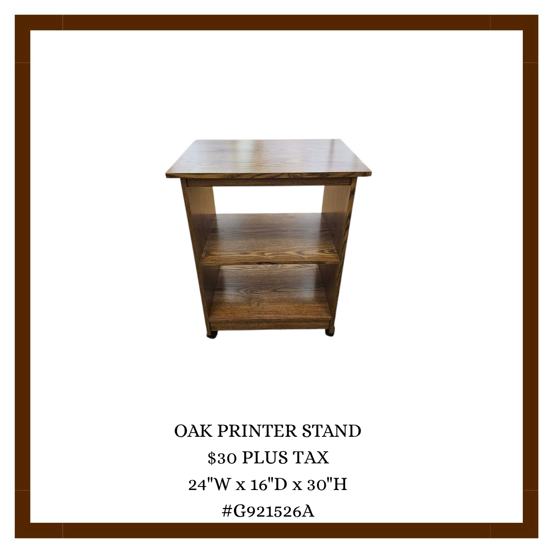 Wooden oak printer stand with three shelves, measuring 24 inches wide, 16 inches deep, and 30 inches high, priced at $30 plus tax.