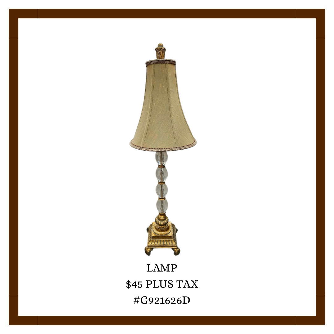 Vintage table lamp with ornate base and beige lampshade, price $45 plus tax, item code G921626D.
