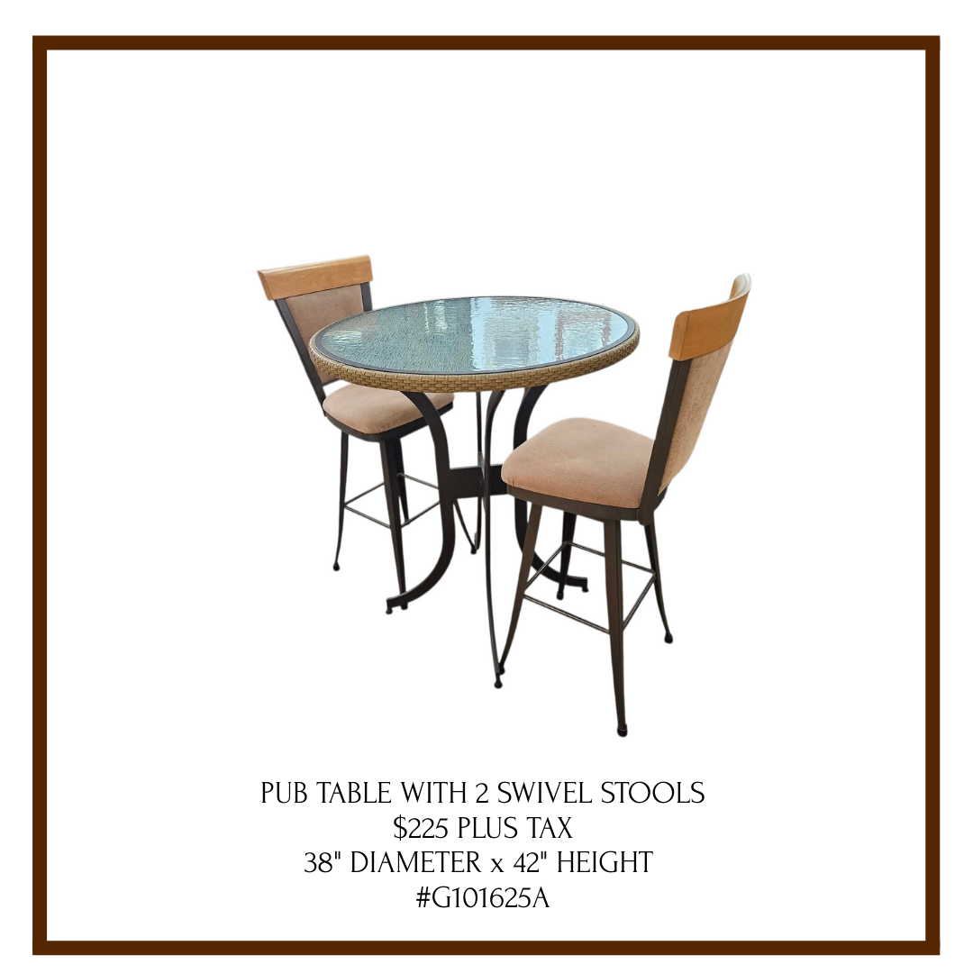 A pub-style table with a round glass top and two swivel bar stools with cushioned beige seats and wooden backrests, set against a plain white background with a brown border. Text below provides details of the table's price, dimensions, and product nu