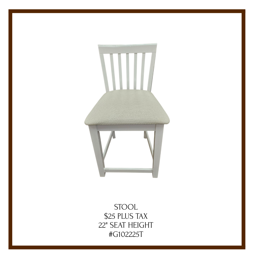 White wooden stool with a padded seat, listed for sale with price, tax information, seat height, and product code.