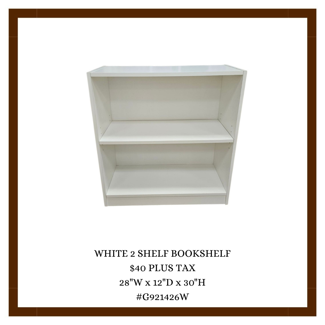 White two-shelf bookcase with dimensions 28 inches wide, 12 inches deep, and 30 inches high, priced at $40 plus tax.