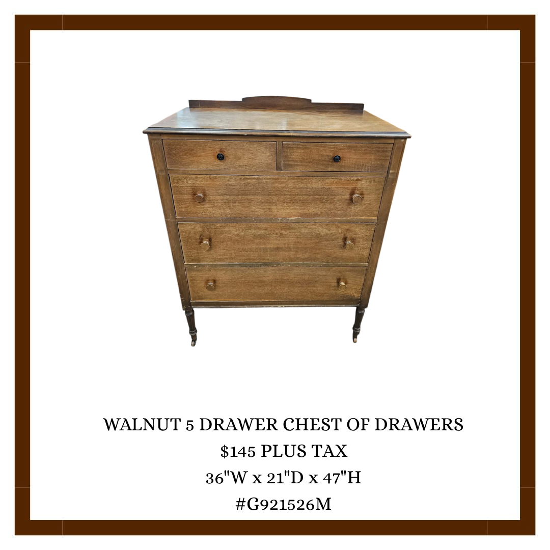 A wooden walnut chest of drawers with five drawers, standing on four legs, displayed with detailed dimensions and pricing information.