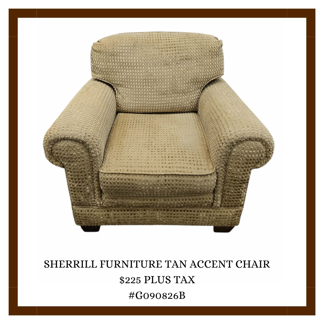 A beige upholstered armchair with a textured pattern and rolled arms, shown in a product listing with price and details.