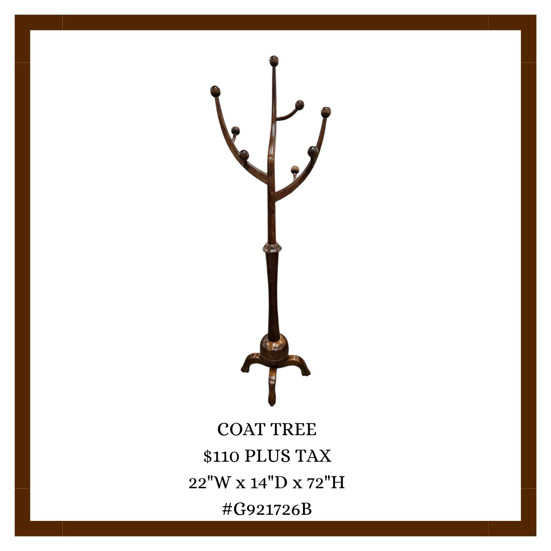 A wooden coat tree with multiple hooks for hanging coats and hats, standing on a curved base.
