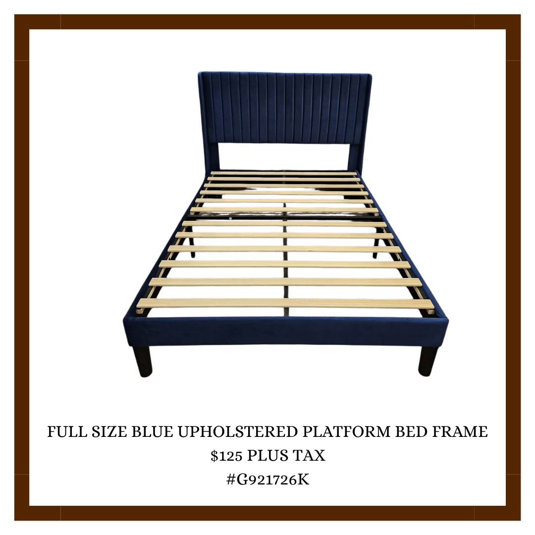 Full size blue upholstered platform bed frame with wooden slats and headboard, displayed in an advertisement with price and product details.