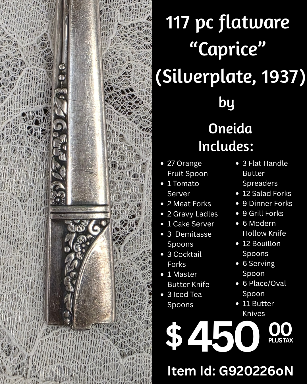 Close-up of an ornate, vintage silver flatware piece with floral detailing, placed on a lace background, adjacent to a black informational graphic listing a collection of silverplate flatware items and their prices.