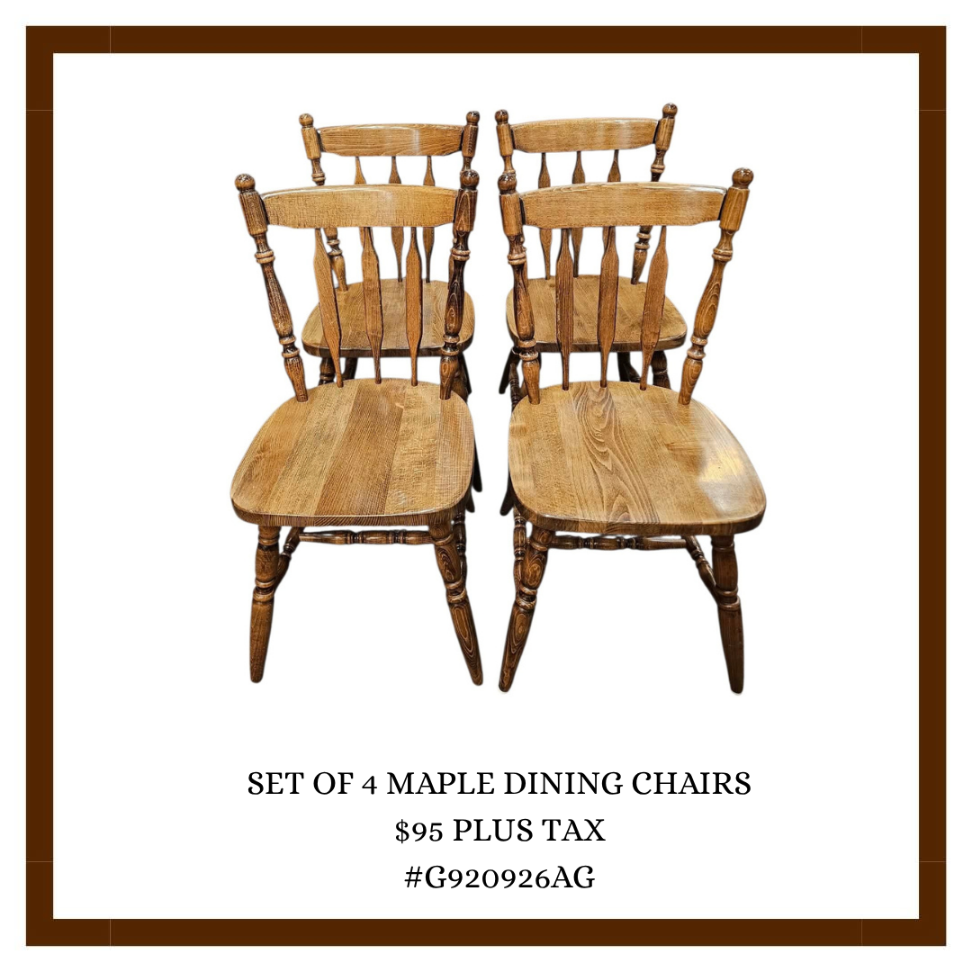 Four wooden maple dining chairs arranged in two pairs, with a description of their price and product code below the image.