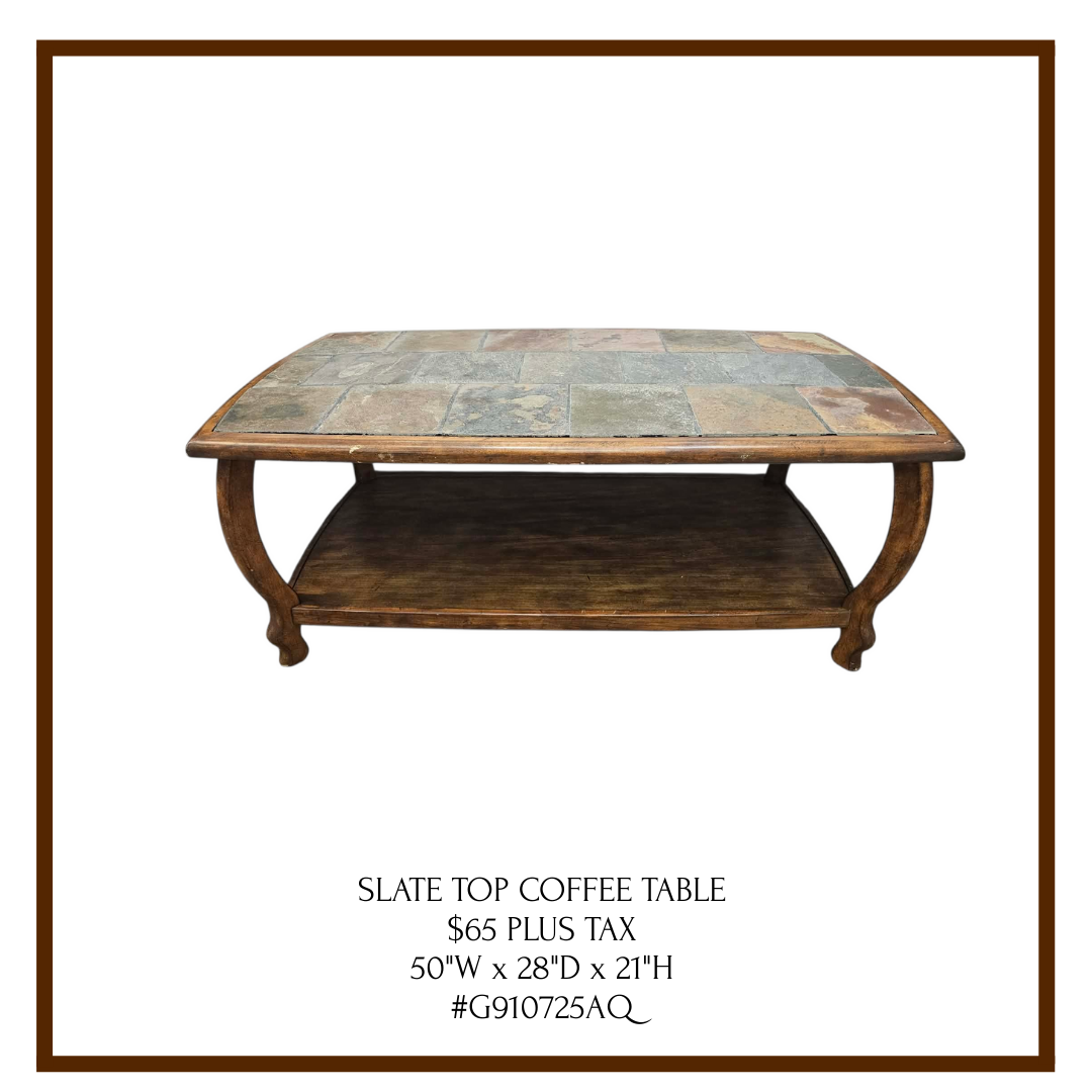 A wooden coffee table with a slate tile top and a lower shelf, displaying product details and price.