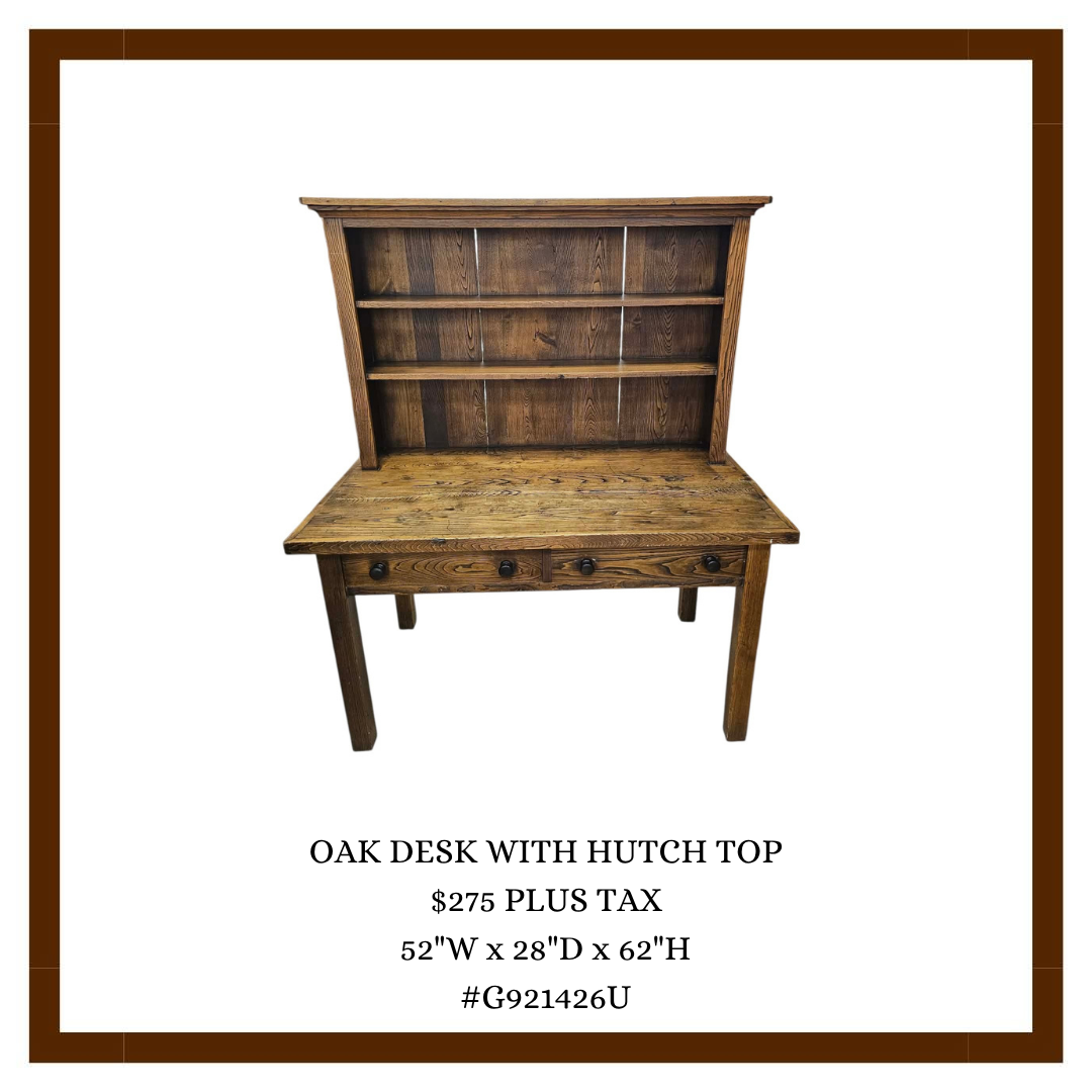 Wooden oak desk with a hutch top, featuring shelves and drawers, dimensions 52 inches wide, 28 inches deep, and 62 inches high.
