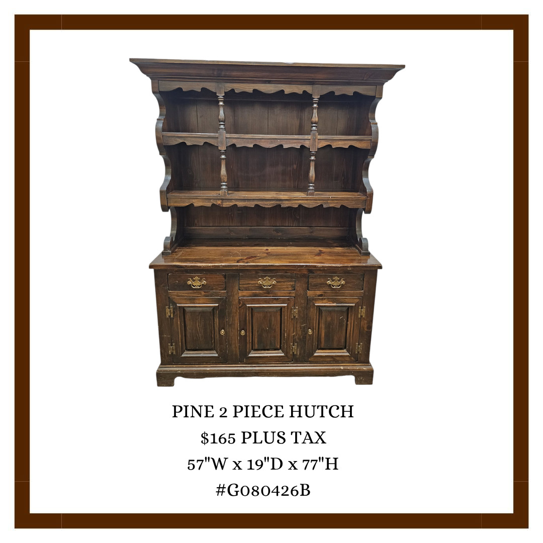 A wooden pine hutch with two shelves and cabinet below, labeled as a 2-piece hutch for sale, priced at $165 plus tax, dimensions 57 inches wide, 19 inches deep, and 77 inches high.