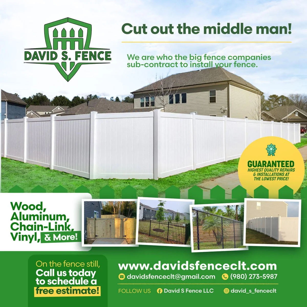 An advertising flyer for David S. Fence LLC, showcasing a white vinyl privacy fence around a residential yard, with additional images of different fence styles and materials such as wood, chain-link, and aluminum.