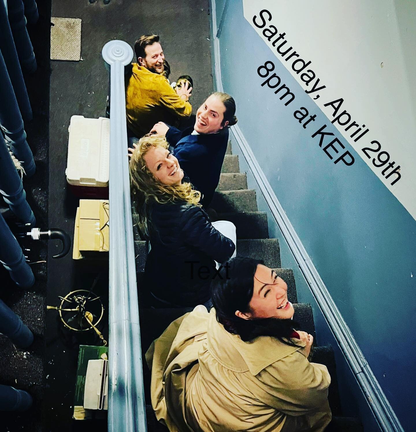 SAVE THE DATE! What do these cuties on the stairs want you to know?
&bull;&bull;&bull;
ENOUGH WITH THE DOGS plus other Found Scraps and Raw Works, a night of music, food, readings, and performances, will take place on Saturday, April 29th at 8pm at t