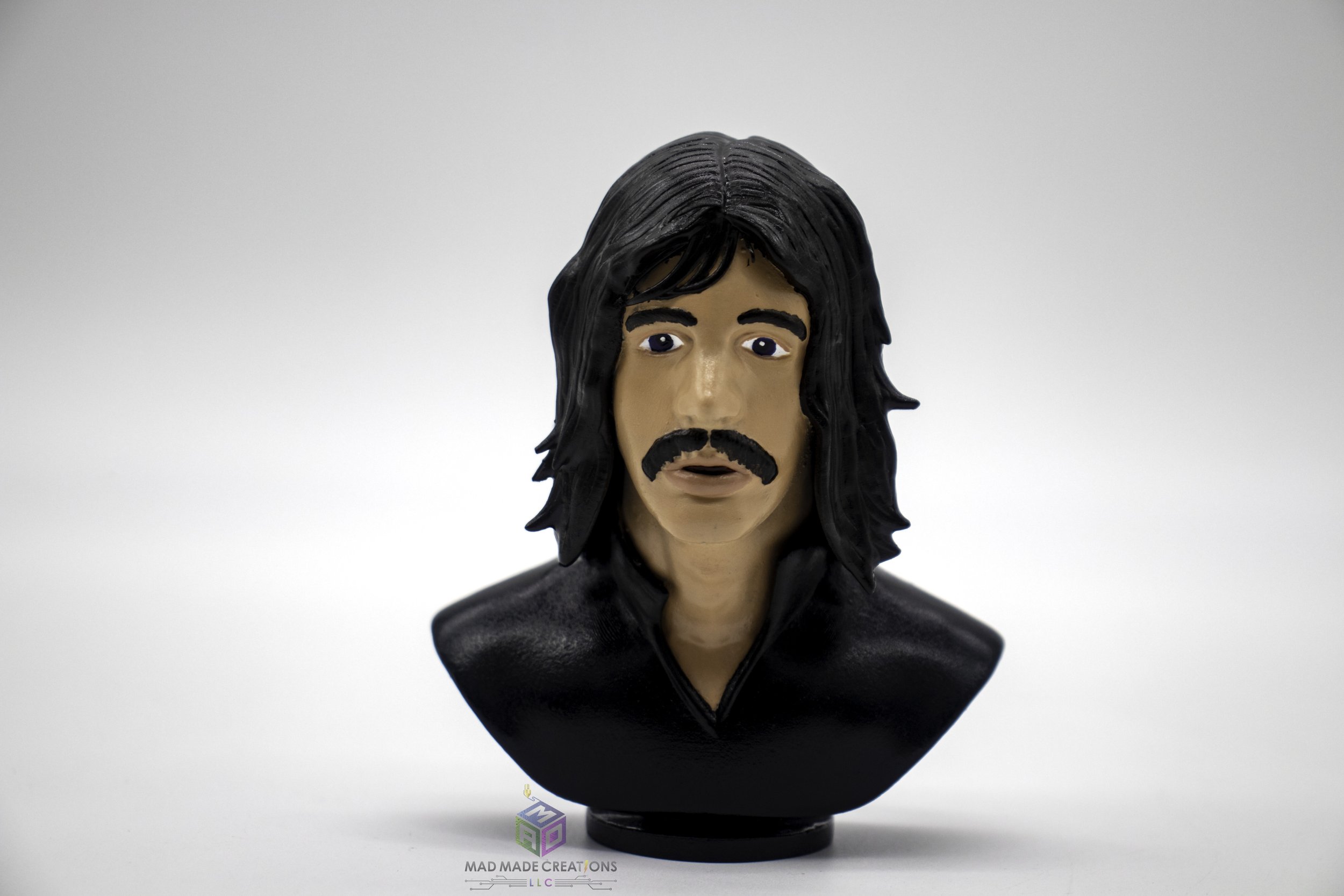 Hand-painted custom 3D printed musician character bust with black hair and mustache by MAD Made Creations