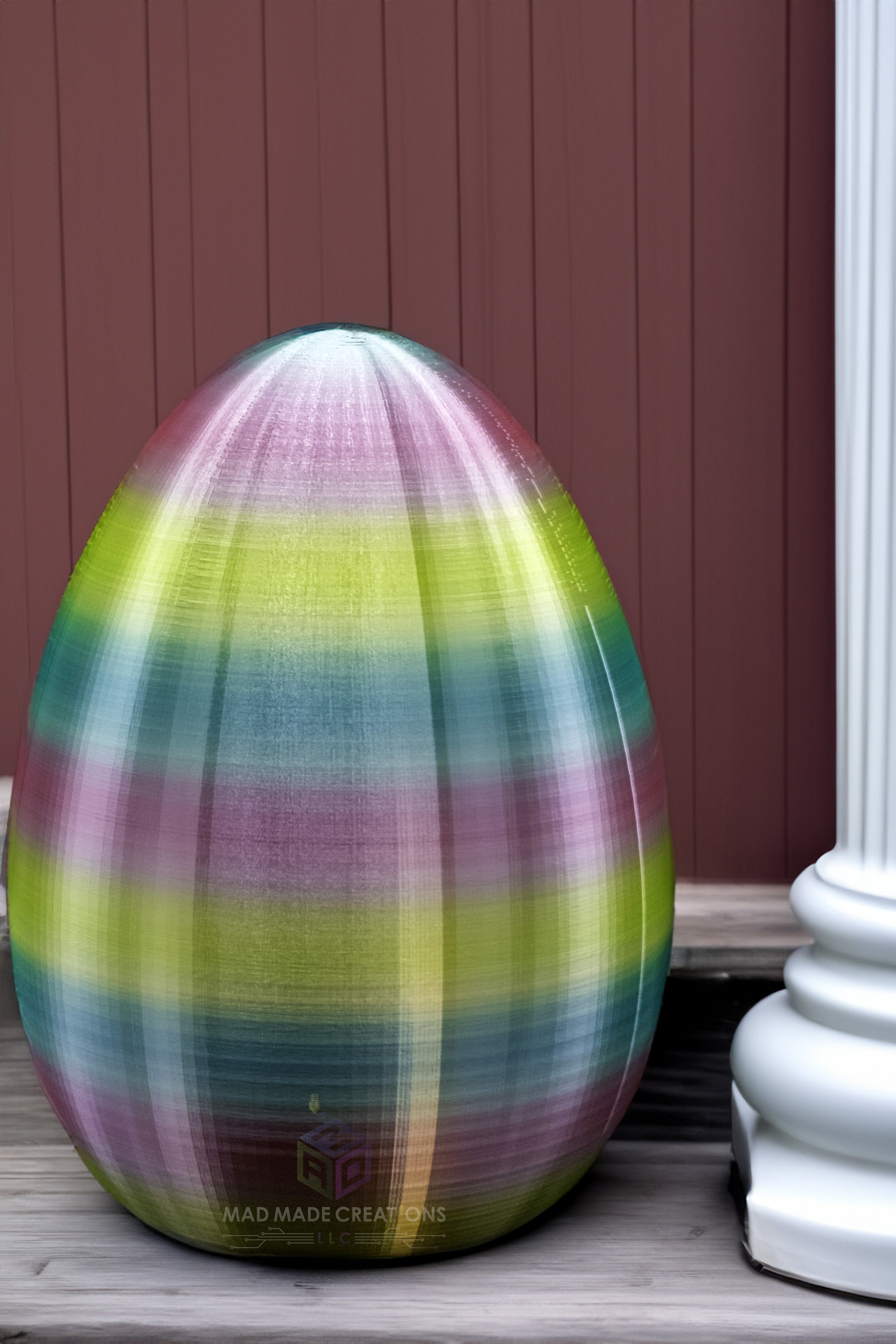 Custom 3D Printed Giant Easter Eggs - Smooth - Pastel Rainbow Egg - Close up View - Porch view.jpg