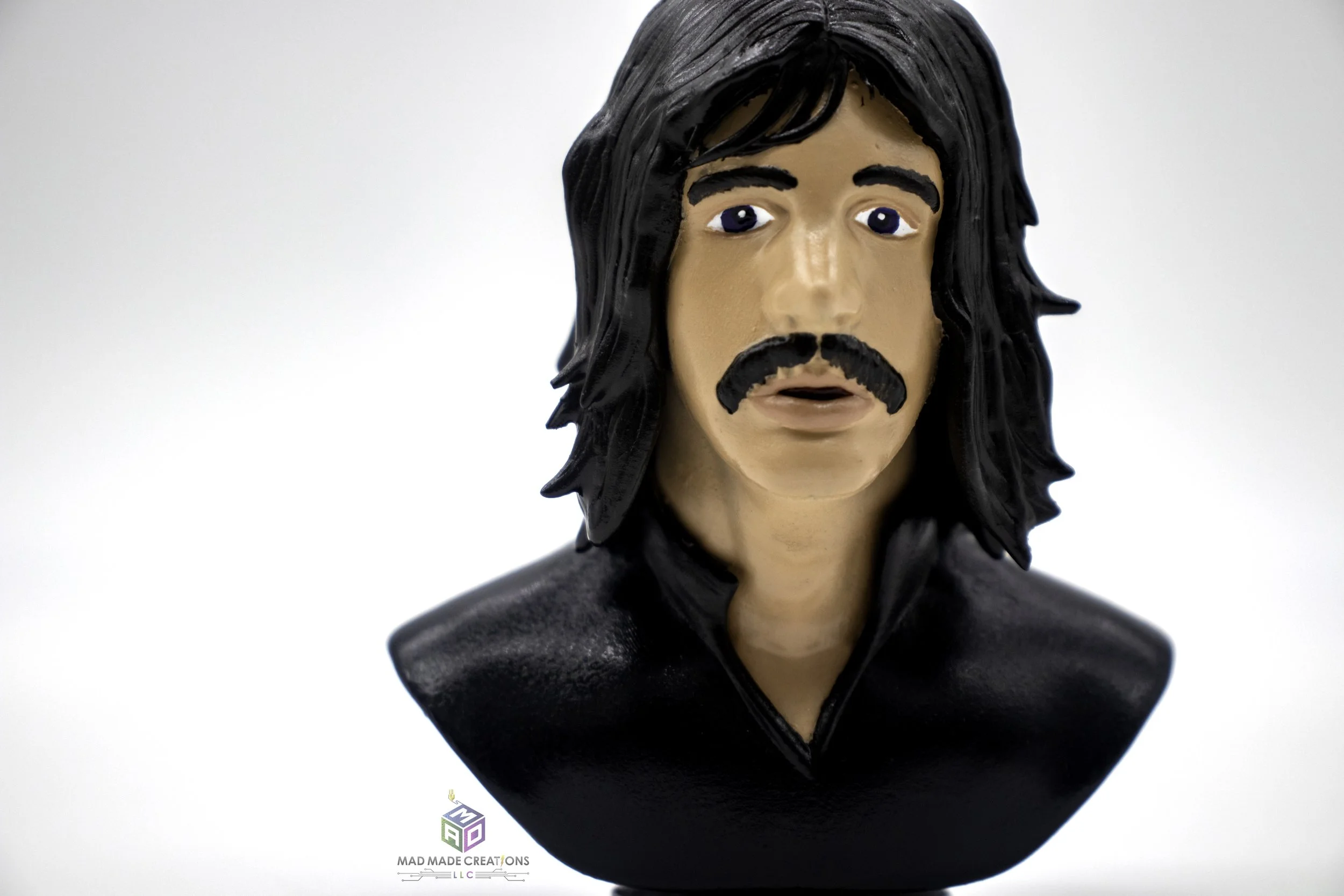 Front close-up of a hand-painted custom 3D printed classic rock musician-inspired character bust by MAD Made Creations