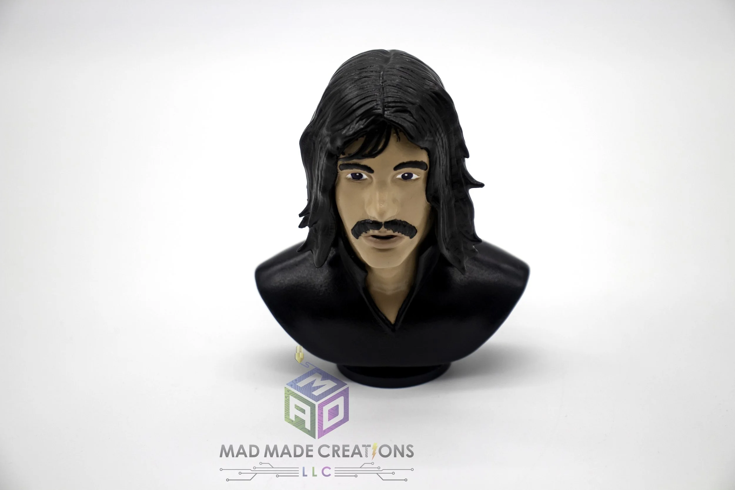 Hand-painted custom 3D printed classic rock musician-inspired character bust statue by MAD Made Creations