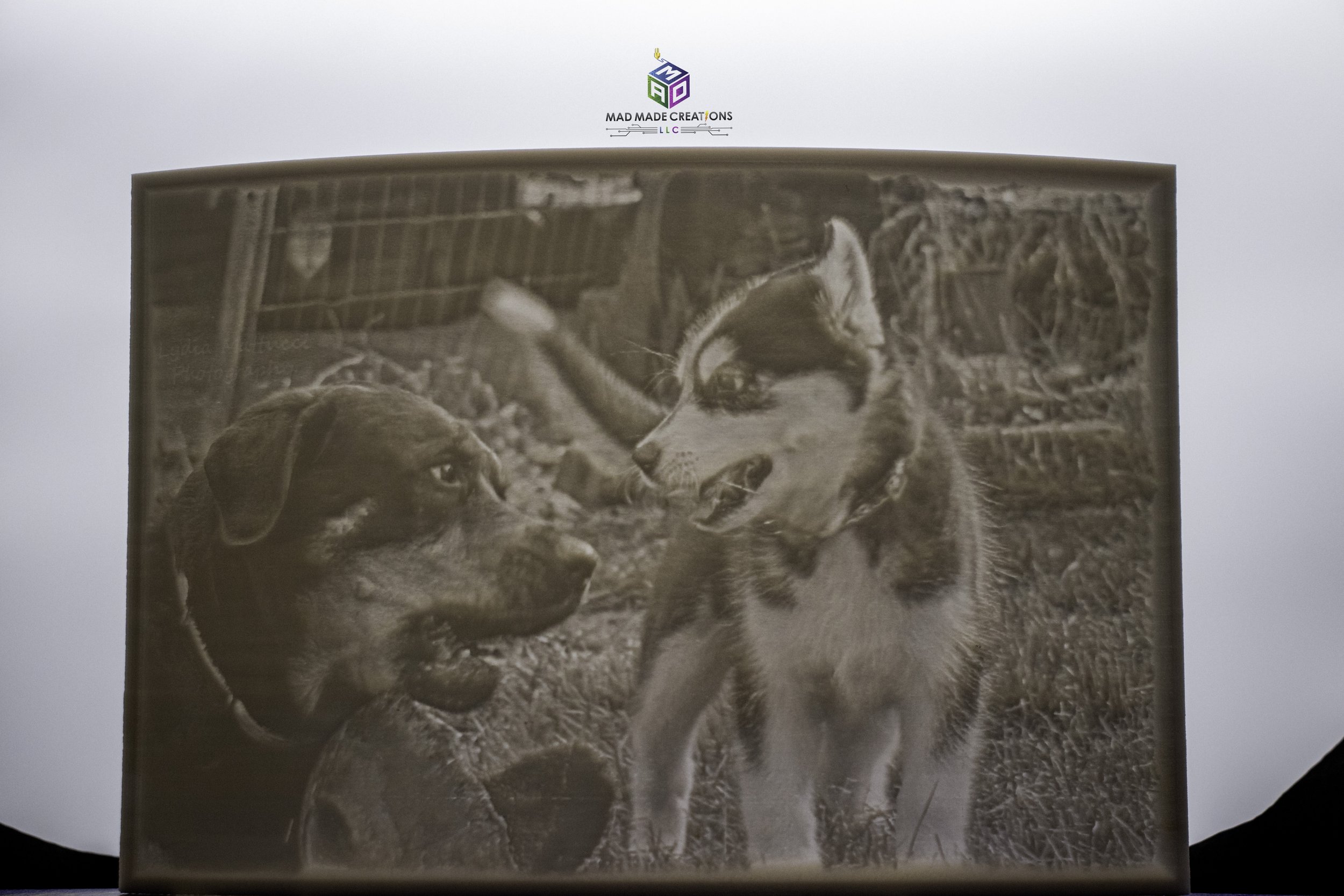 Custom 3D printed black and white lithophane featuring two dogs in a natural outdoor setting, displayed with backlighting to reveal detailed photo engraving by MAD Made Creations