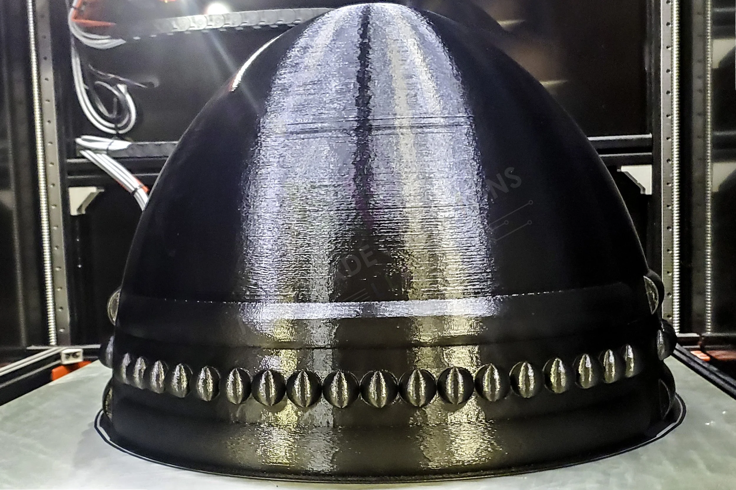 Front view of a 1.5-foot-tall black ABS brazier  bowl prop being 3D printed by MAD Made Creations.