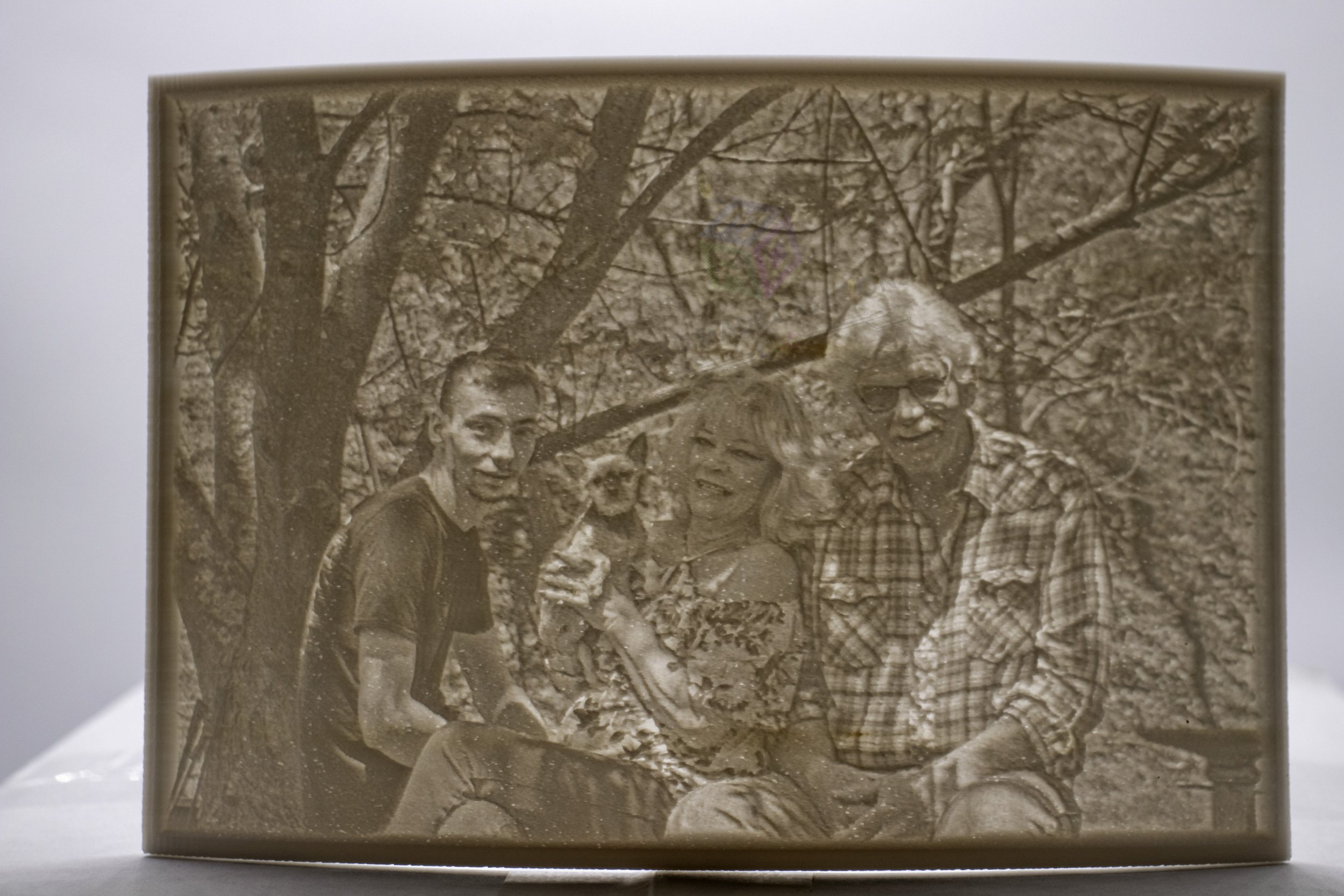 Custom 3D printed lithophane of a family portrait with dog, black and white detail illuminated by natural light, showcasing intricate depth and texture by MAD Made Creations