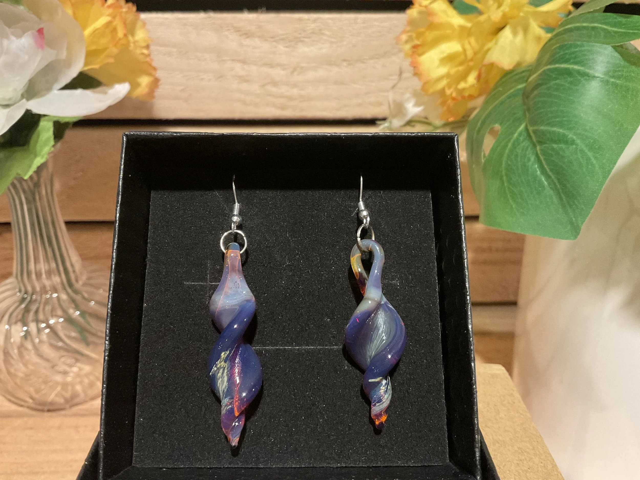 Twist earrings - amber purple w/ silver leaf
