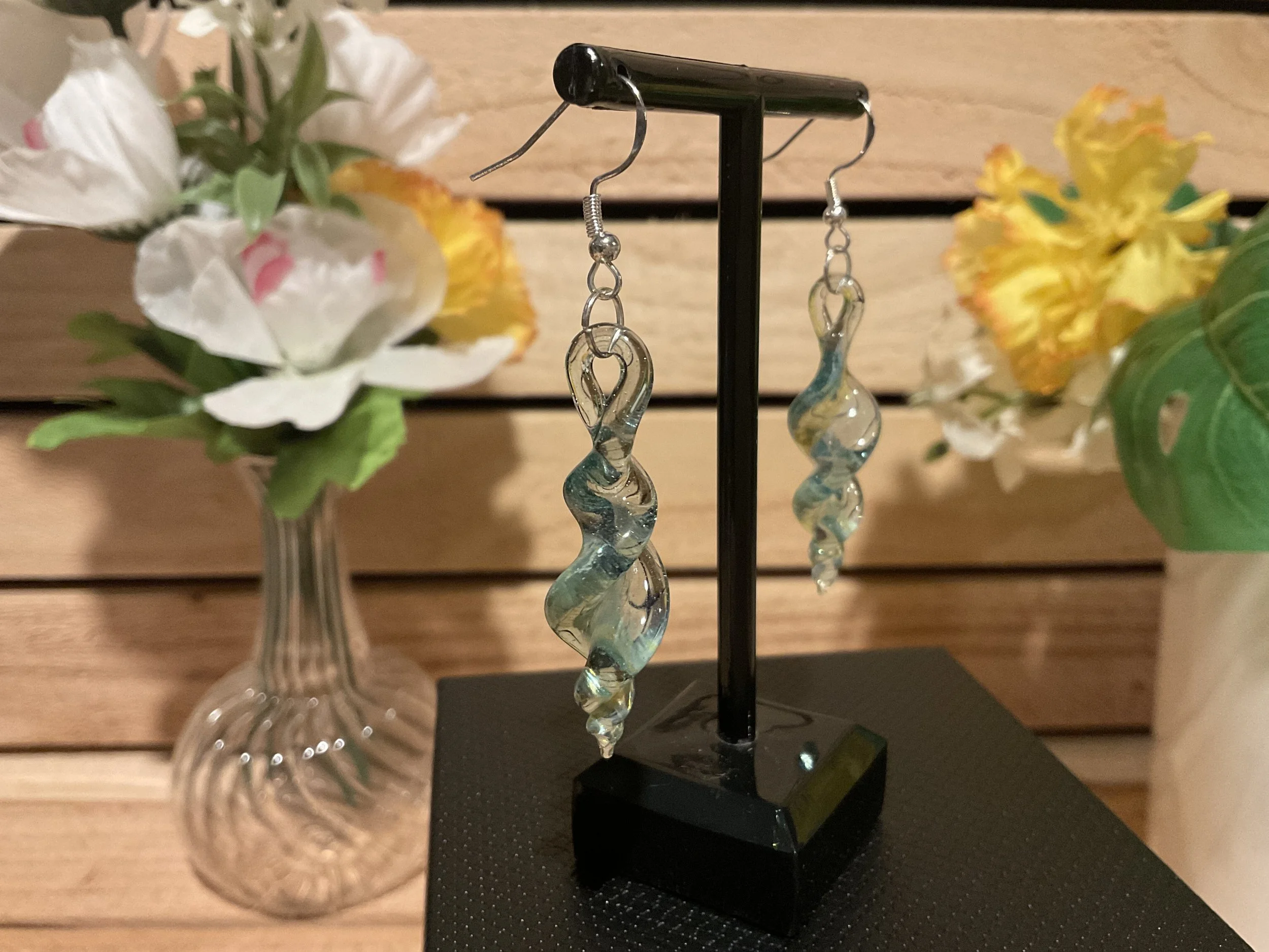 Twist earrings - Transparent Aqua w/ silver leaf