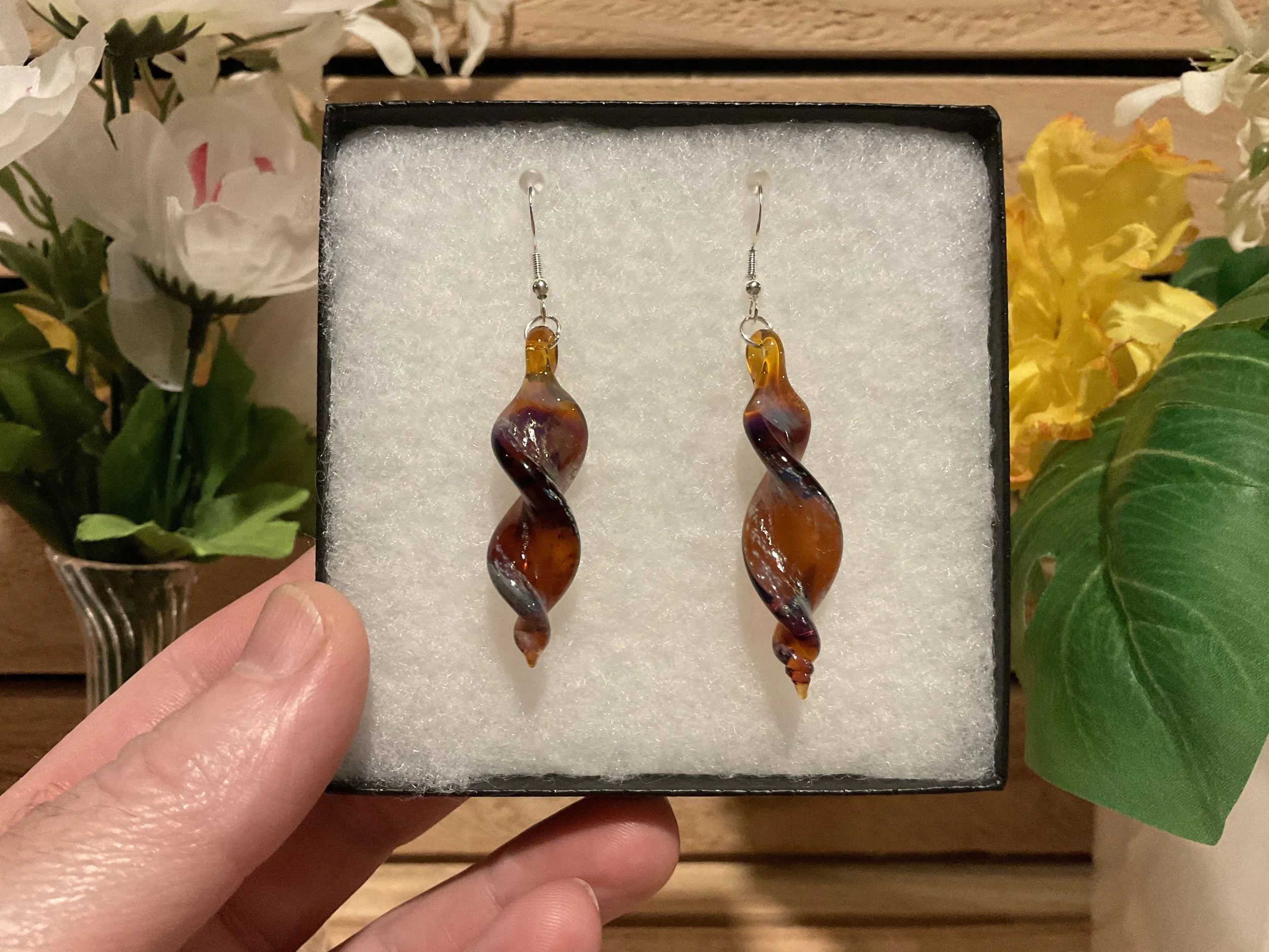 Twist earrings - amber purple w/ silver leaf