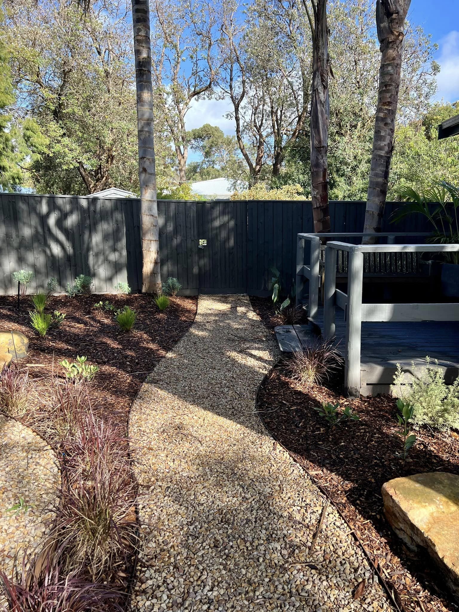 A backyard garden with a gravel pathway, small plants on either side, a black wooden fence, and tall trees with sunlight and shadows.