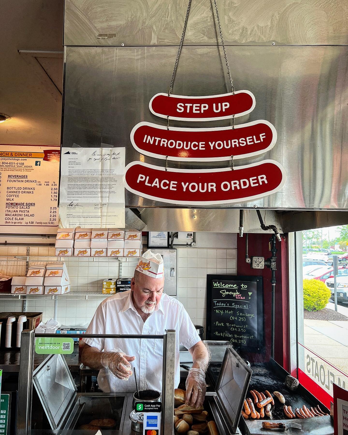 Hot dog business trip! Joey Mirabile Sr serves hot dogs in Richmond just as his dad did in the 1930s in Norfolk: chili, onions, mustard. Virginia Folklife and @cultural_vibrancy are co-programming part of the Richmond Folk Festival this October, we v
