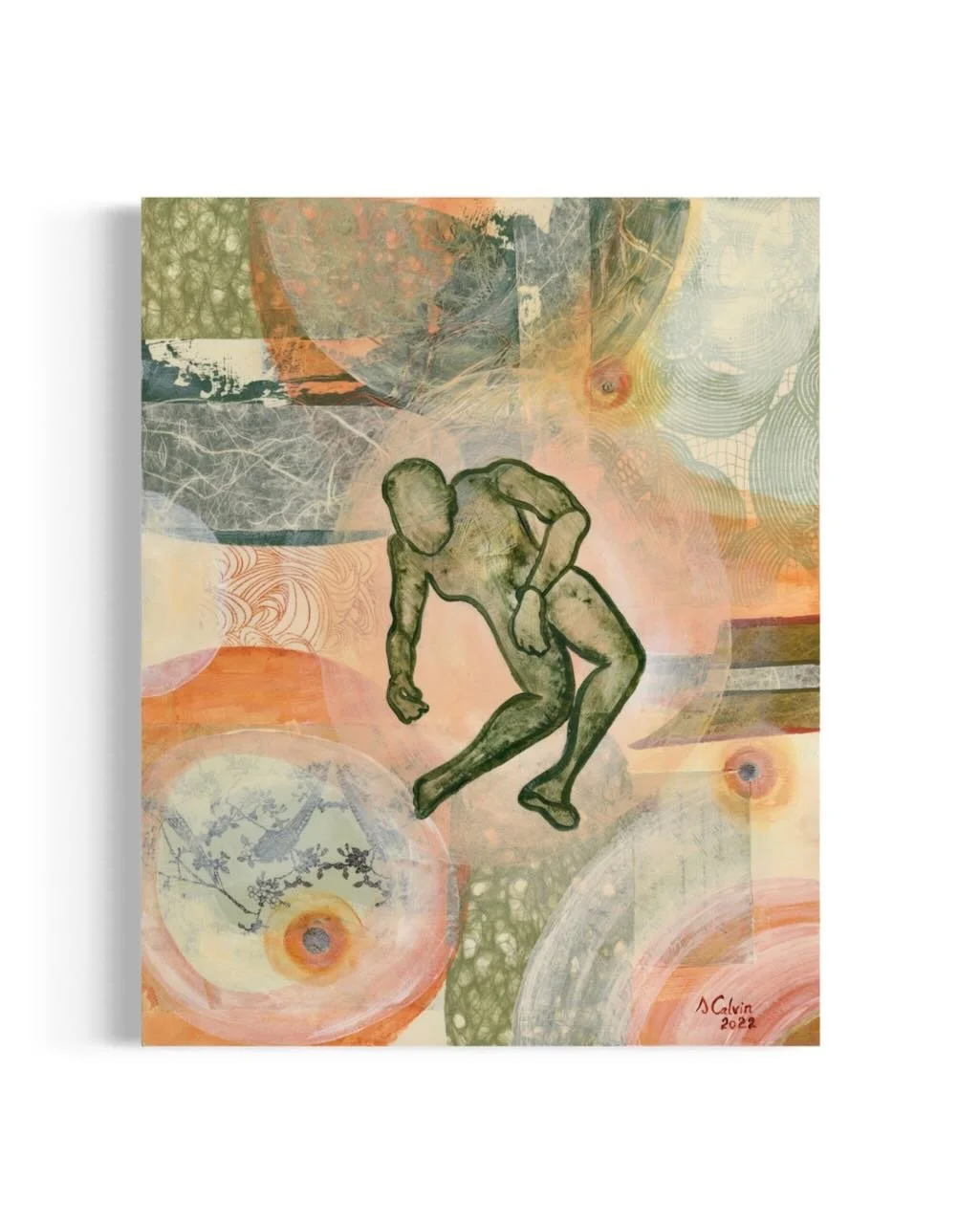 Painting of figure in green apparently falling down with sienna and green background