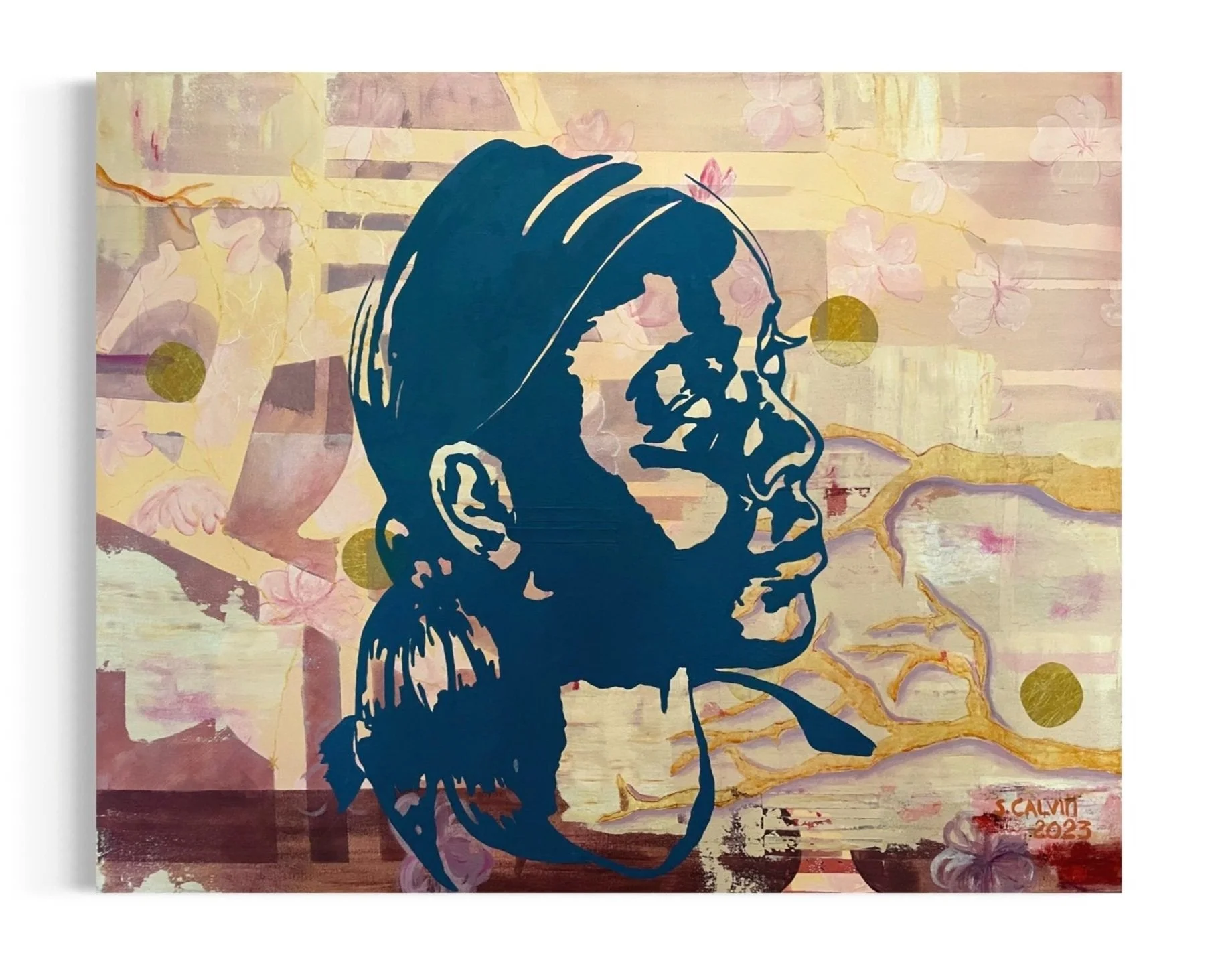 Blue stenciled portrait of a woman in front of collaged pink background