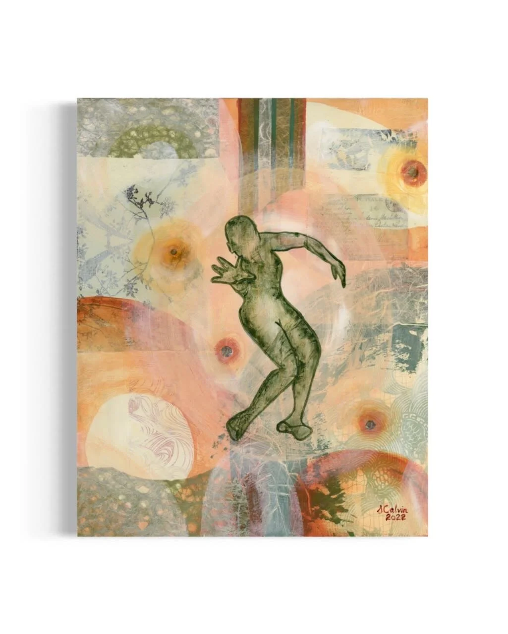 painting of figure reaching out with sienna and green background with circular shapes