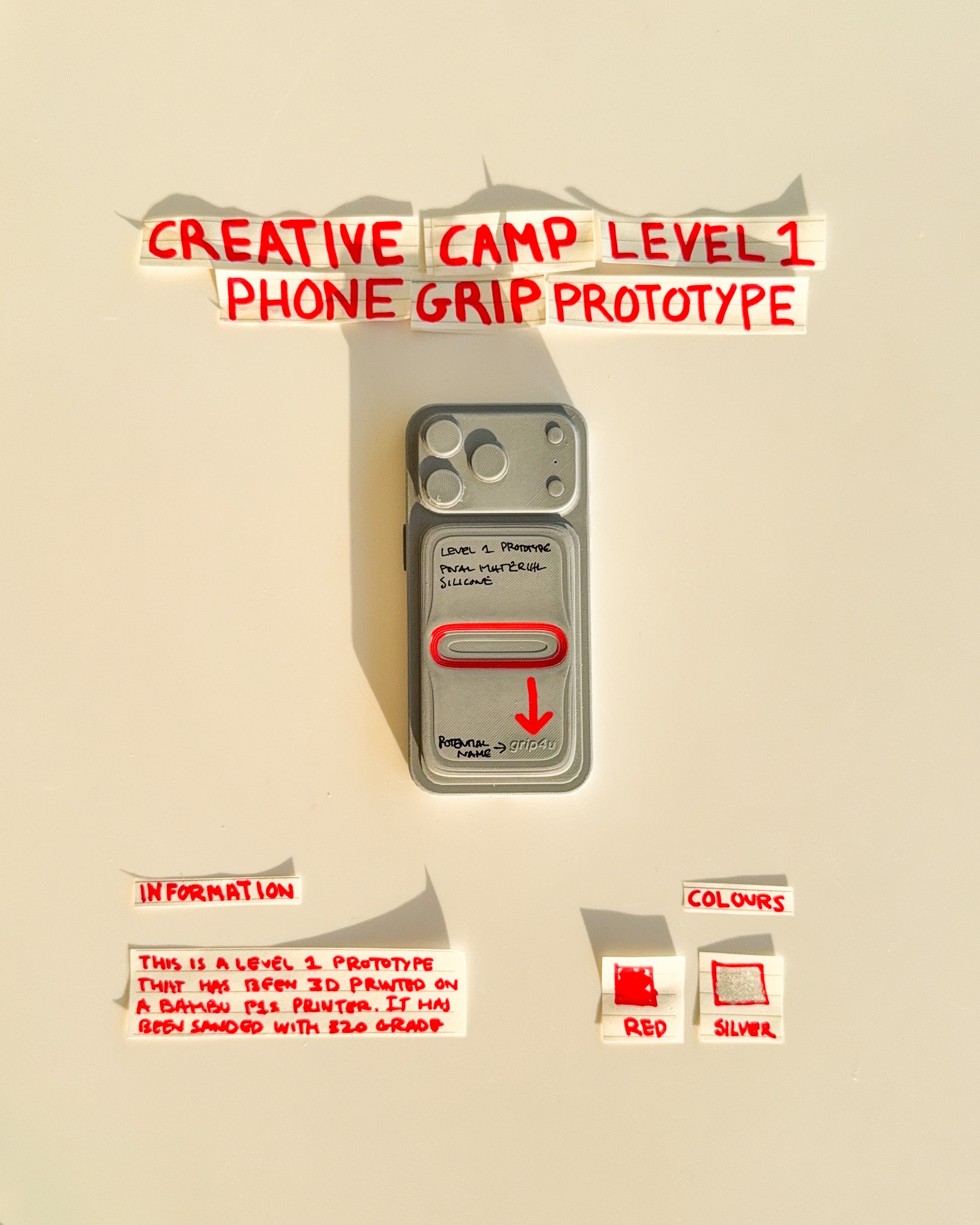 day 04: prototype 02. introduce custom typography and graphic details to a rectangular grip, exploring how colour, branding and surface treatments can transform a simple functional object.