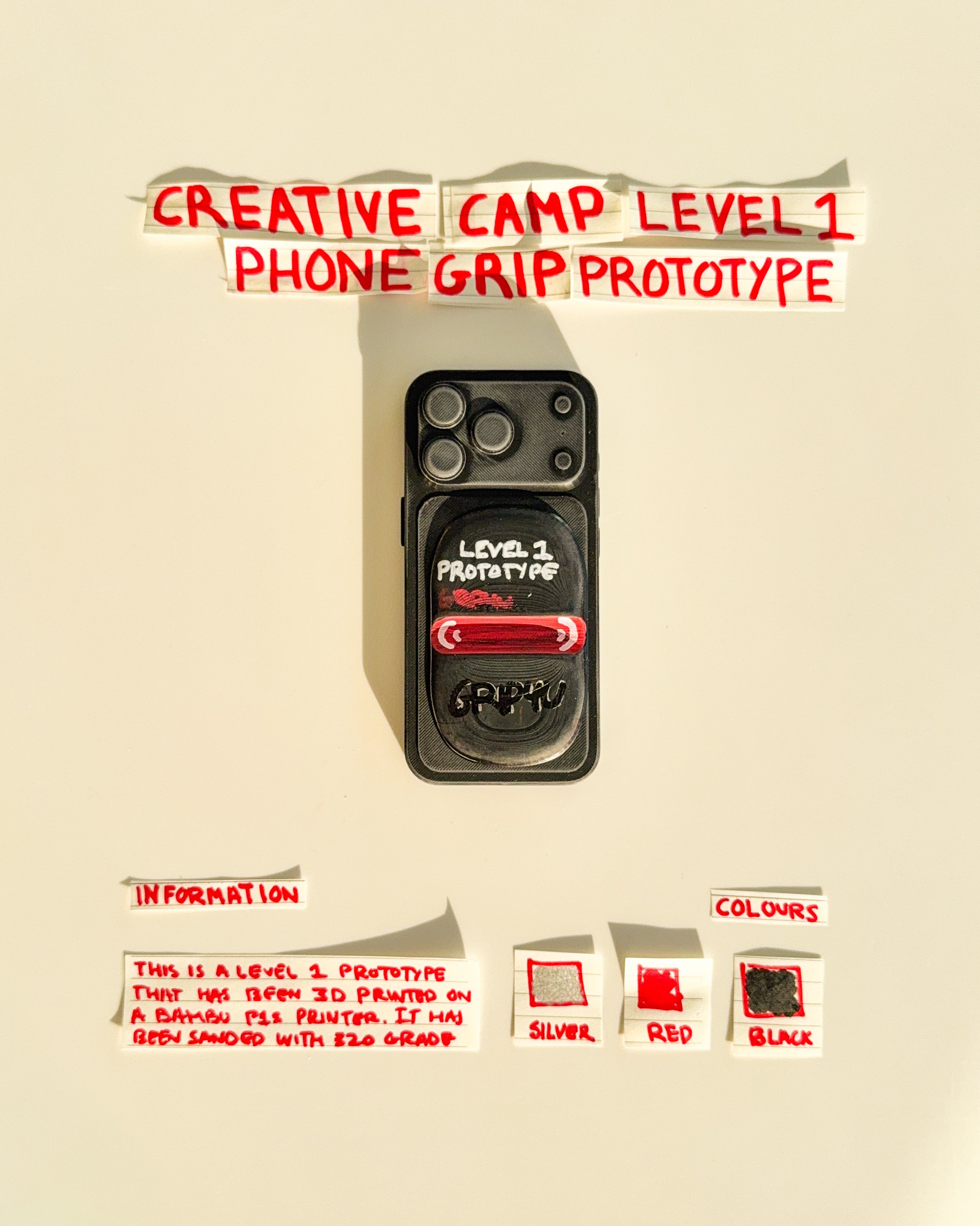 day 14 prototype 12: experiment with two rectangular sections featuring repeating red graphic patterns. the design explores surface texture, symmetry and how decorative elements can change the appearance of a grip.