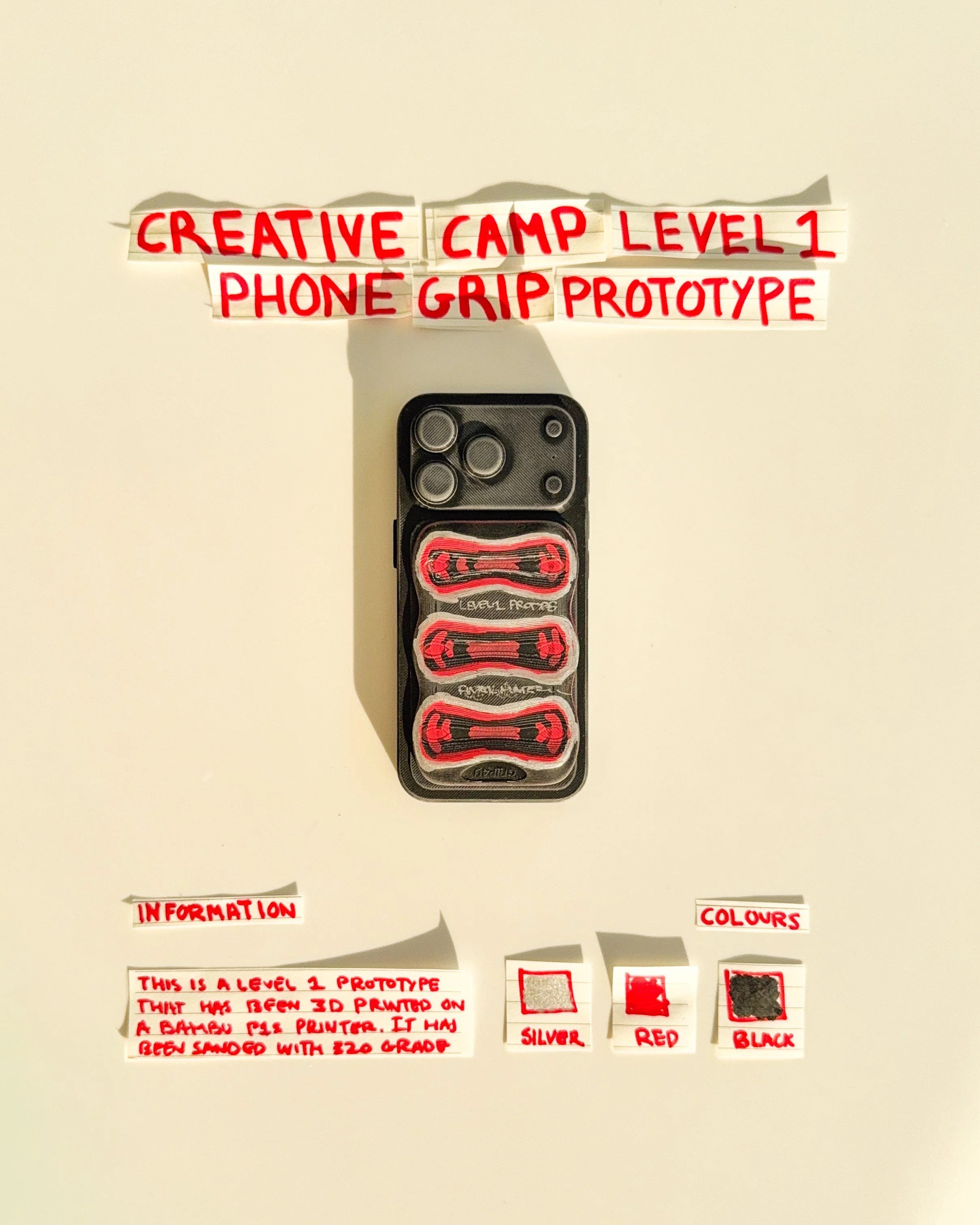 day 11: prototype 09. develop a three-section grip with individual horizontal openings, exploring how multiple finger placements and repeated forms can create a different approach to holding a phone.