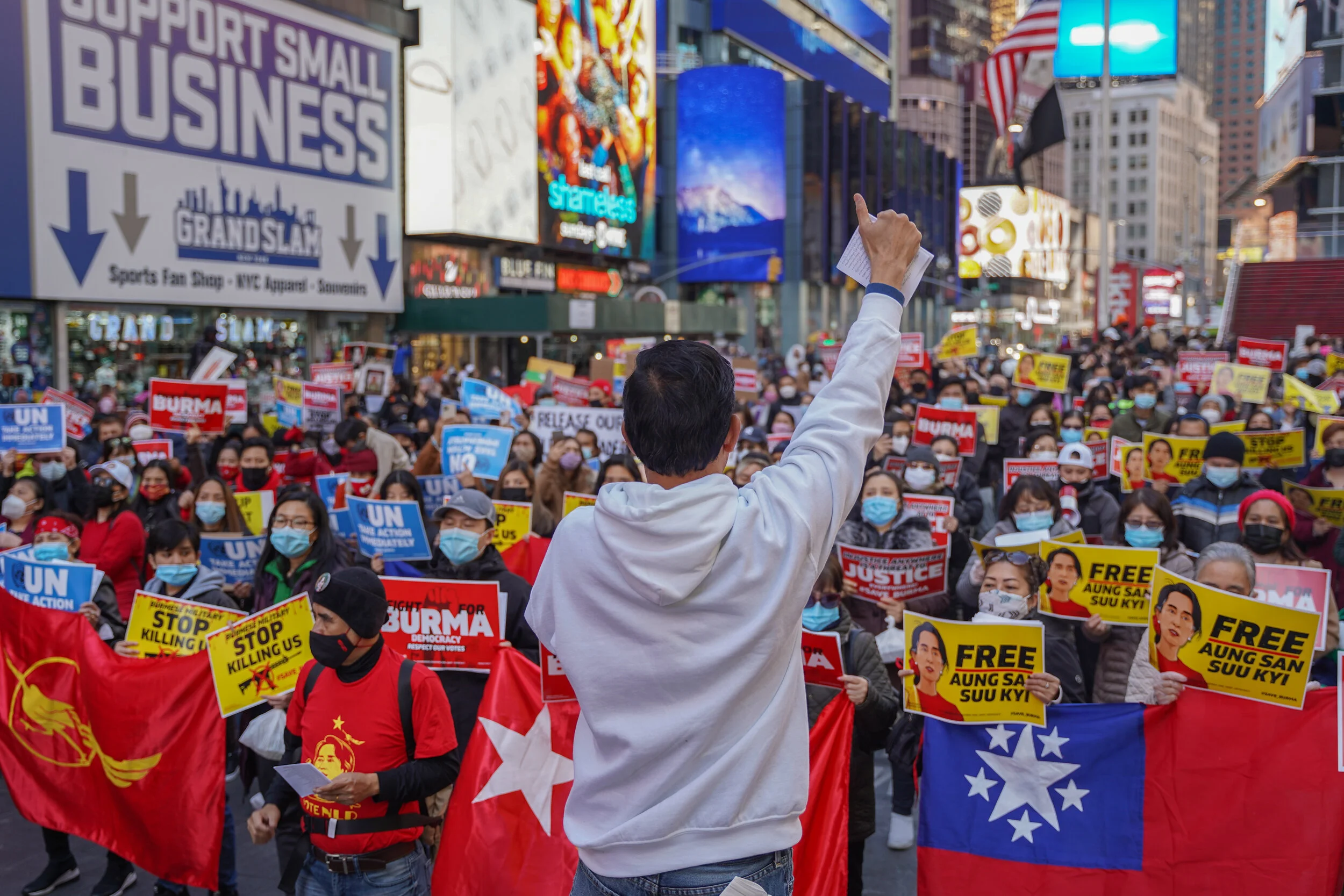 Nay Myint, an organizer in the Burmese-American community, addresses a crowd gathered in Times Square to protest the military coup in Myanmar. -Connor Zaft, 21 March, 2021.