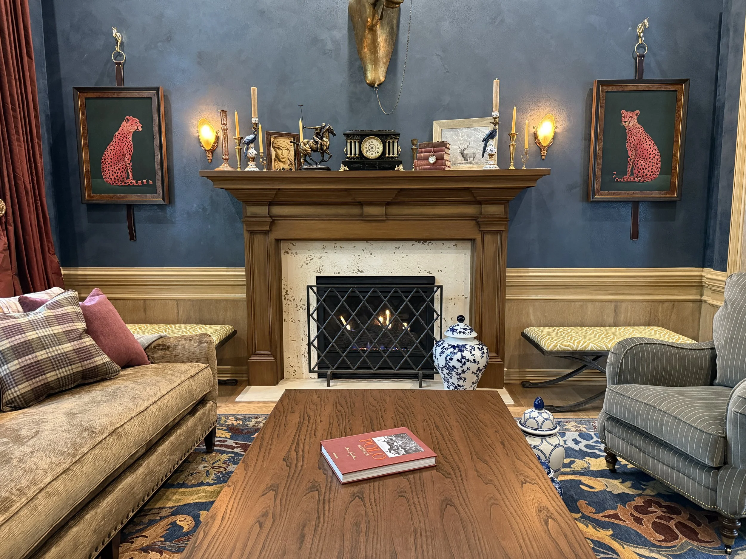 Completed Fireplace, Metallic plaster walls and faux woodwork.